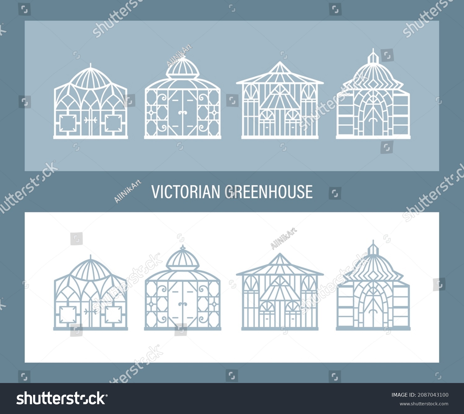 SVG of Botanical Garden. Victorian Greenhouses Vector Set. Vintage Glass Orangery. svg