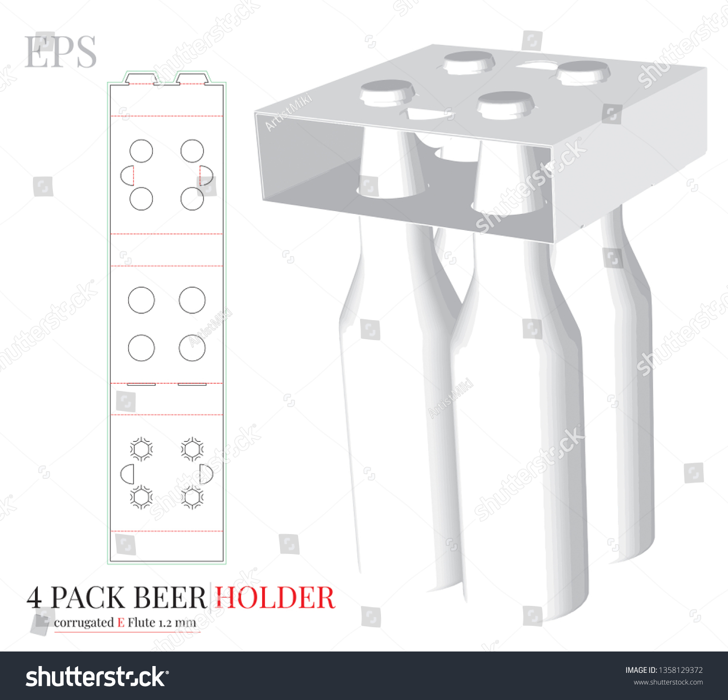 SVG of Bottle Holder Template, Four Pack Bottle Carrier with die lines. Self Lock, Vector with die cut, laser cut layers. White, clear, blank, isolated Beer Pack mock up on white background, perspective svg