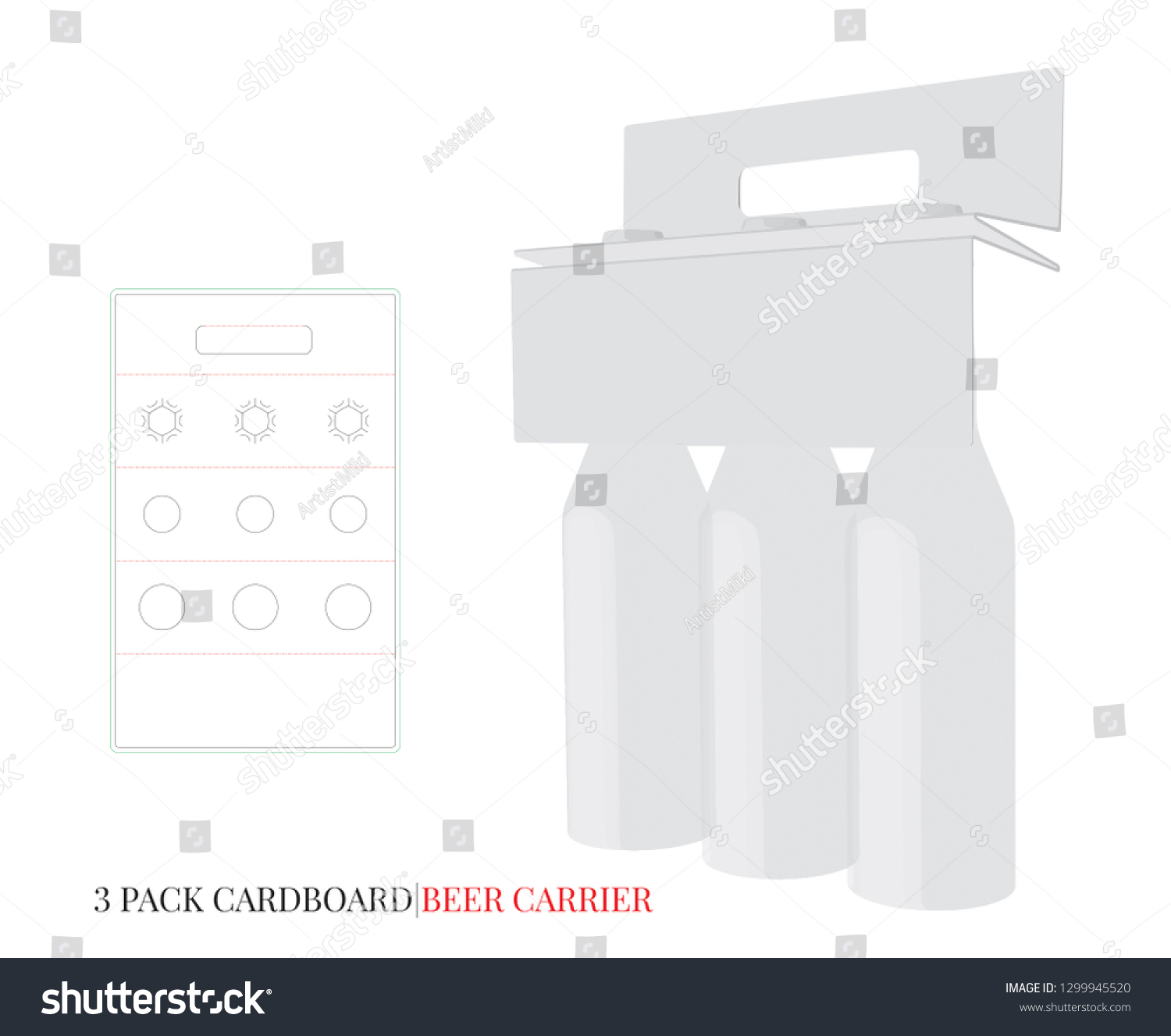 SVG of Bottles Holder Template, Three Pack Cardboard Bottles Carrier with die lines. Vector with die cut  laser cut layers. White, clear, blank, isolated Beer Pack on white background. Packaging Design  svg
