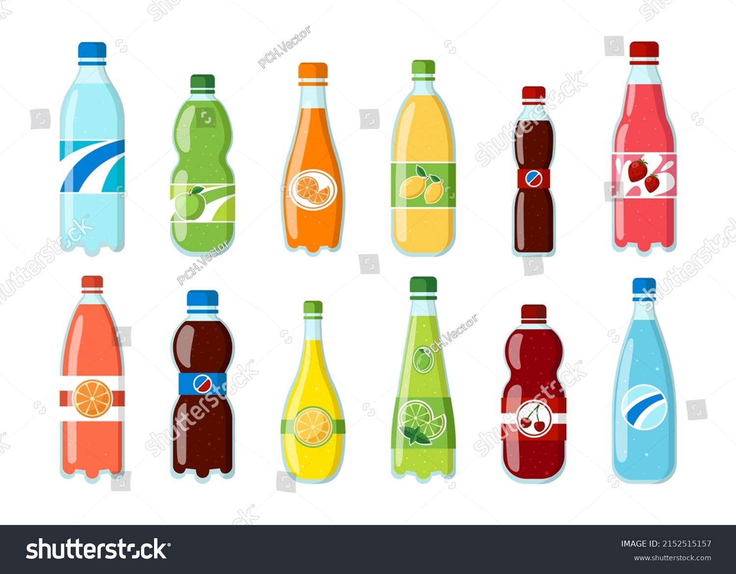 SVG of Bottles of different fizzy drinks vector illustrations set. Soda, water, juice in plastic or glass bottles, beverages with different flavors isolated on white background. Beverage, refreshment concept svg
