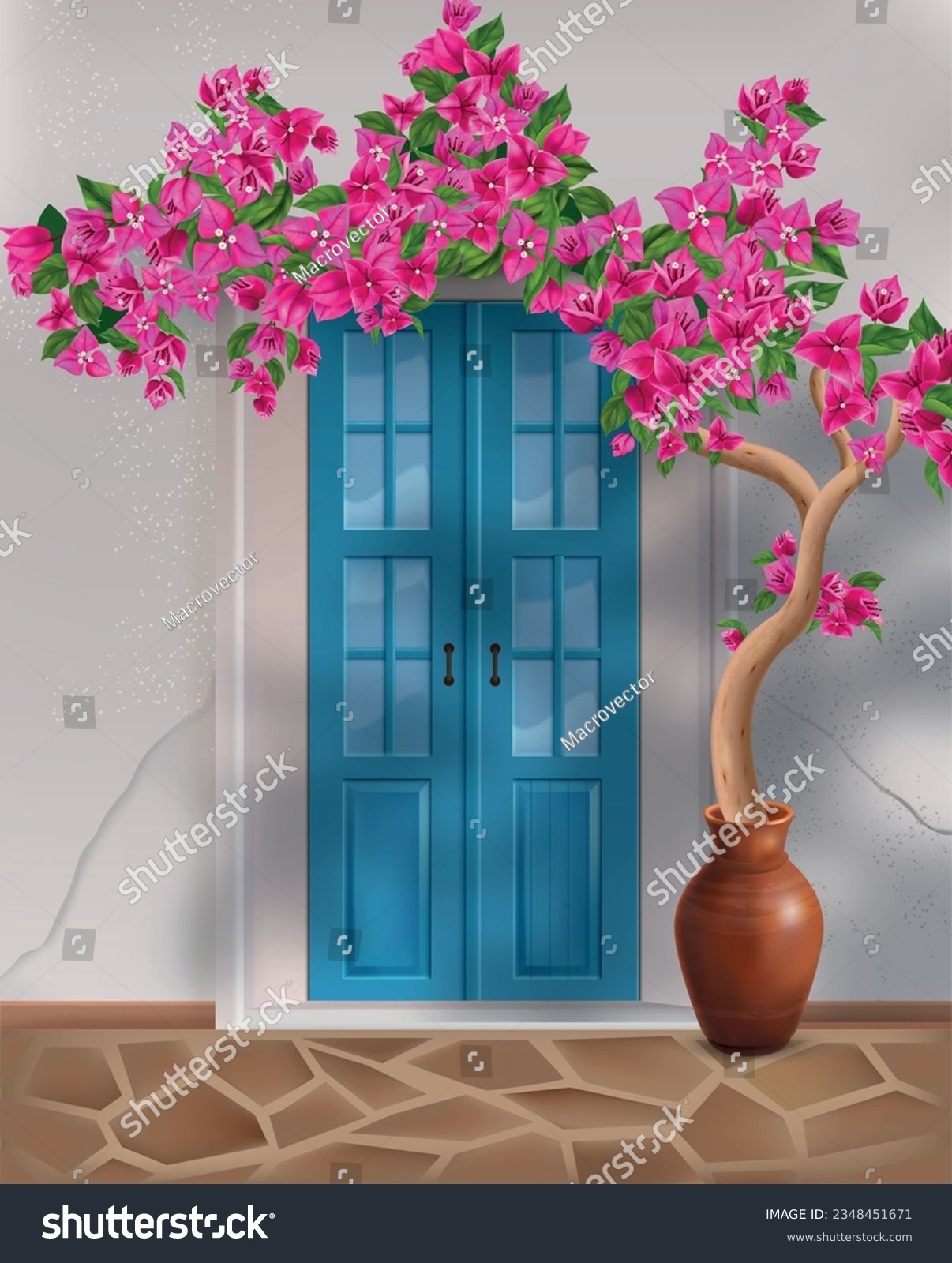 SVG of Bougainvillea tree growing in clay pot next to front door of house realistic composition vector illustration svg