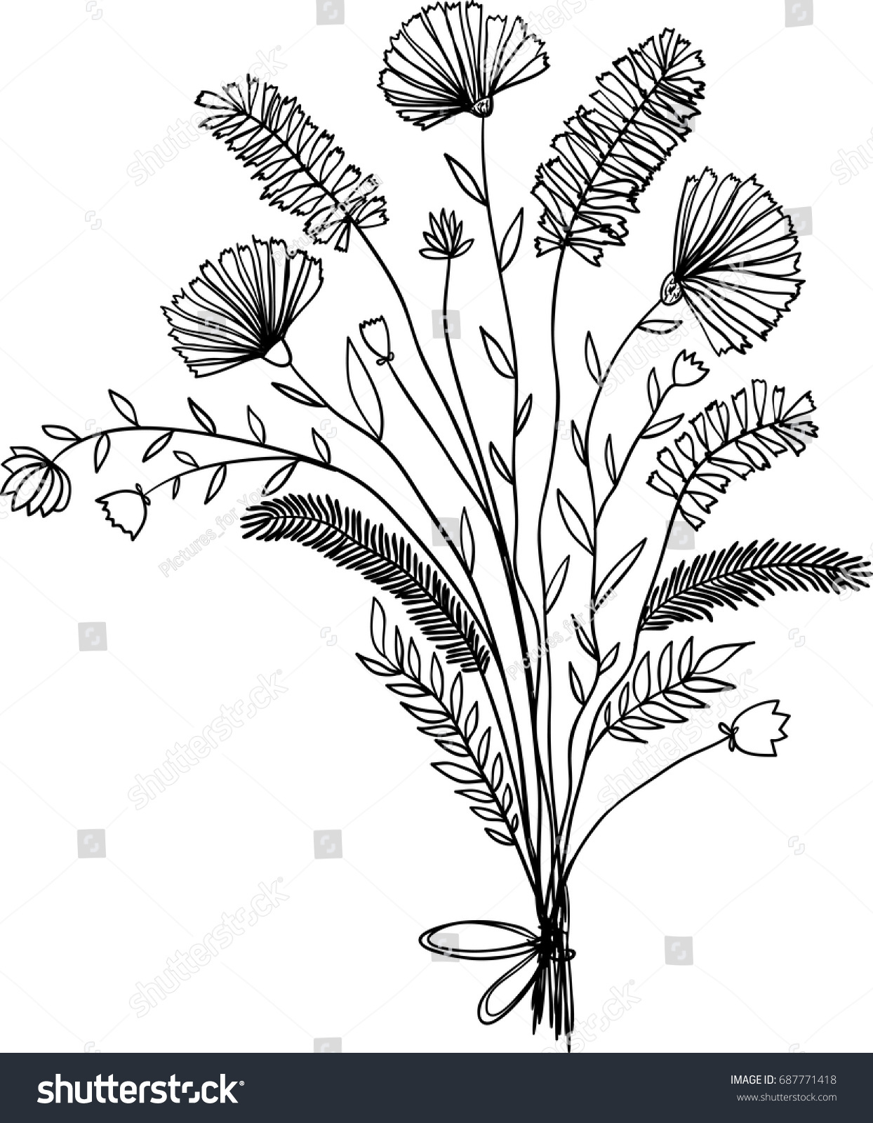 Bouquet Wildflowers Vector Sketch Floral Vintage Stock Vector (Royalty