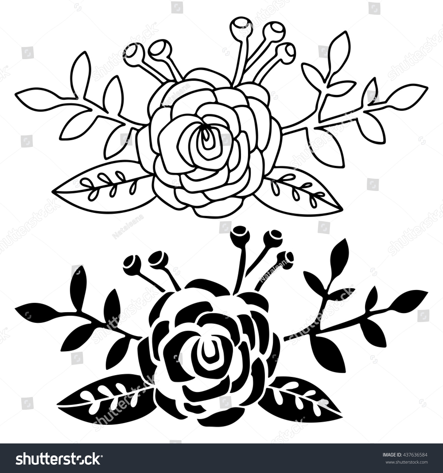 Bouquet Posy Flowers Leaves Branches Hand Stock Vector 437636584 ...