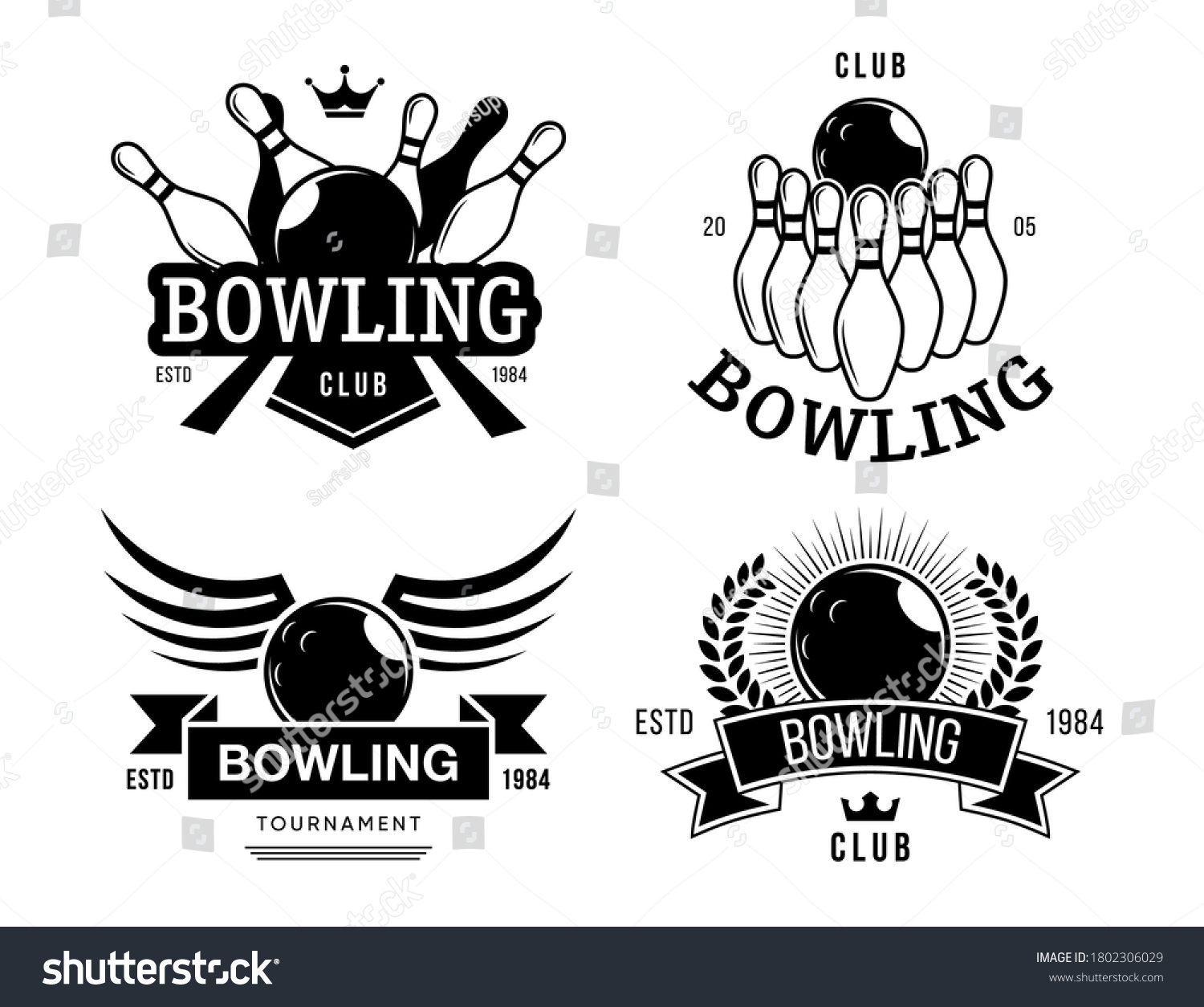 Bowling Club Labels Set Monochrome Emblem Stock Vector (Royalty Free ...