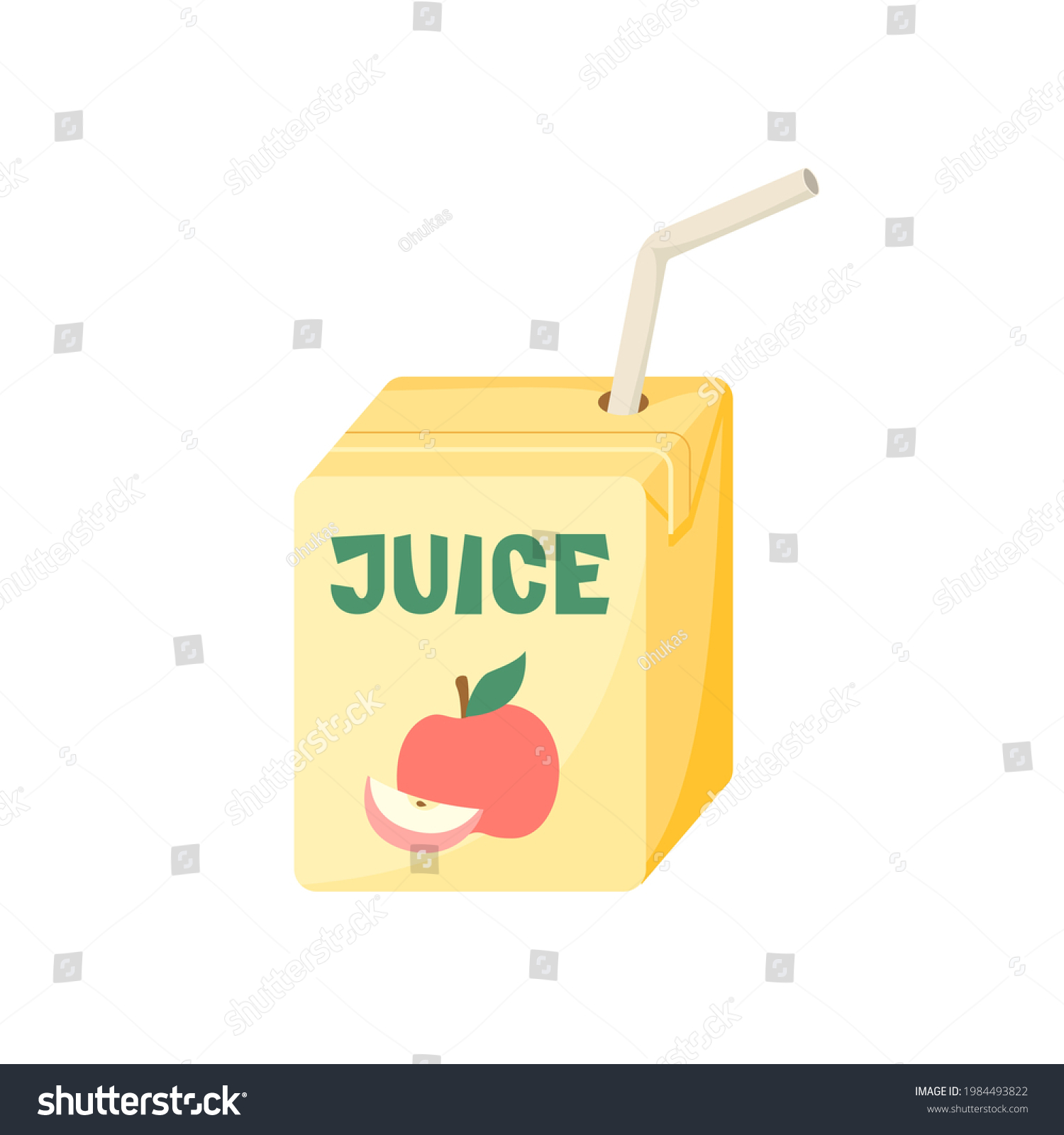 SVG of Box of apple juice with a tube, it shows an apple and the word juice. Vector illustration in a flat style, isolated on a white background. svg