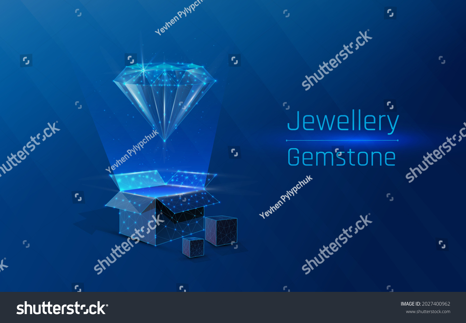 SVG of box with a precious stone, shining diamond concept of expensive gifts, jewelry sales, jewelry delivery made in plexus style, low poly, wireframe, triangle, dots, dark-blue background,
 svg