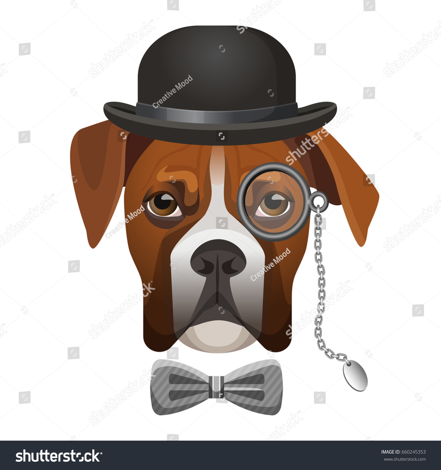 SVG of Boxer dog in bowler hat, bow and magnifier glass on eye portrait vector illustration isolated on white. Cartoon character dog-sniffer sleuthhound svg