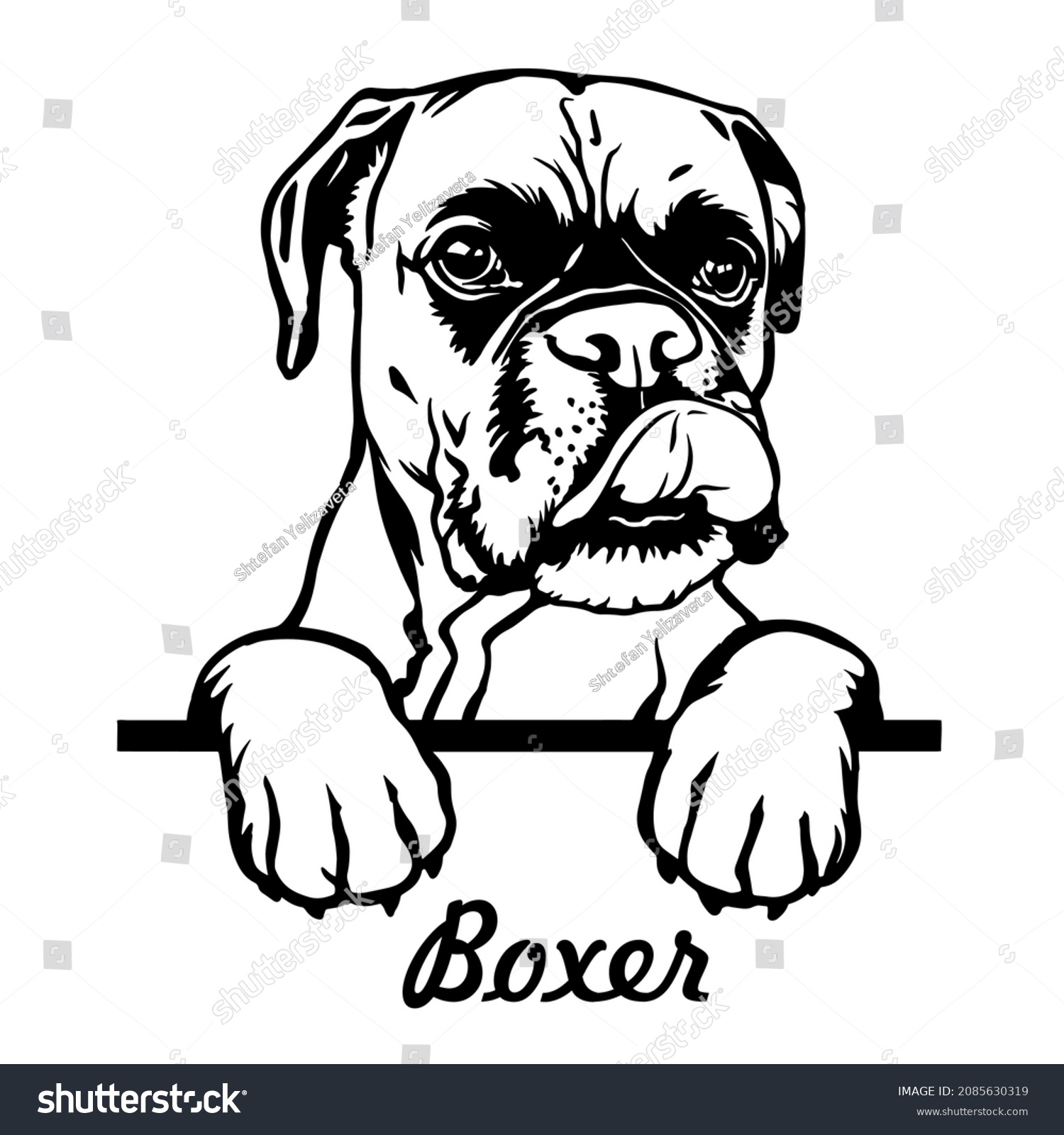 SVG of Boxer Peeking Dogs. Boxer dog breed. black  and white clipart of a dogs head isolated on a white background. The dog stuck out its tongue. svg