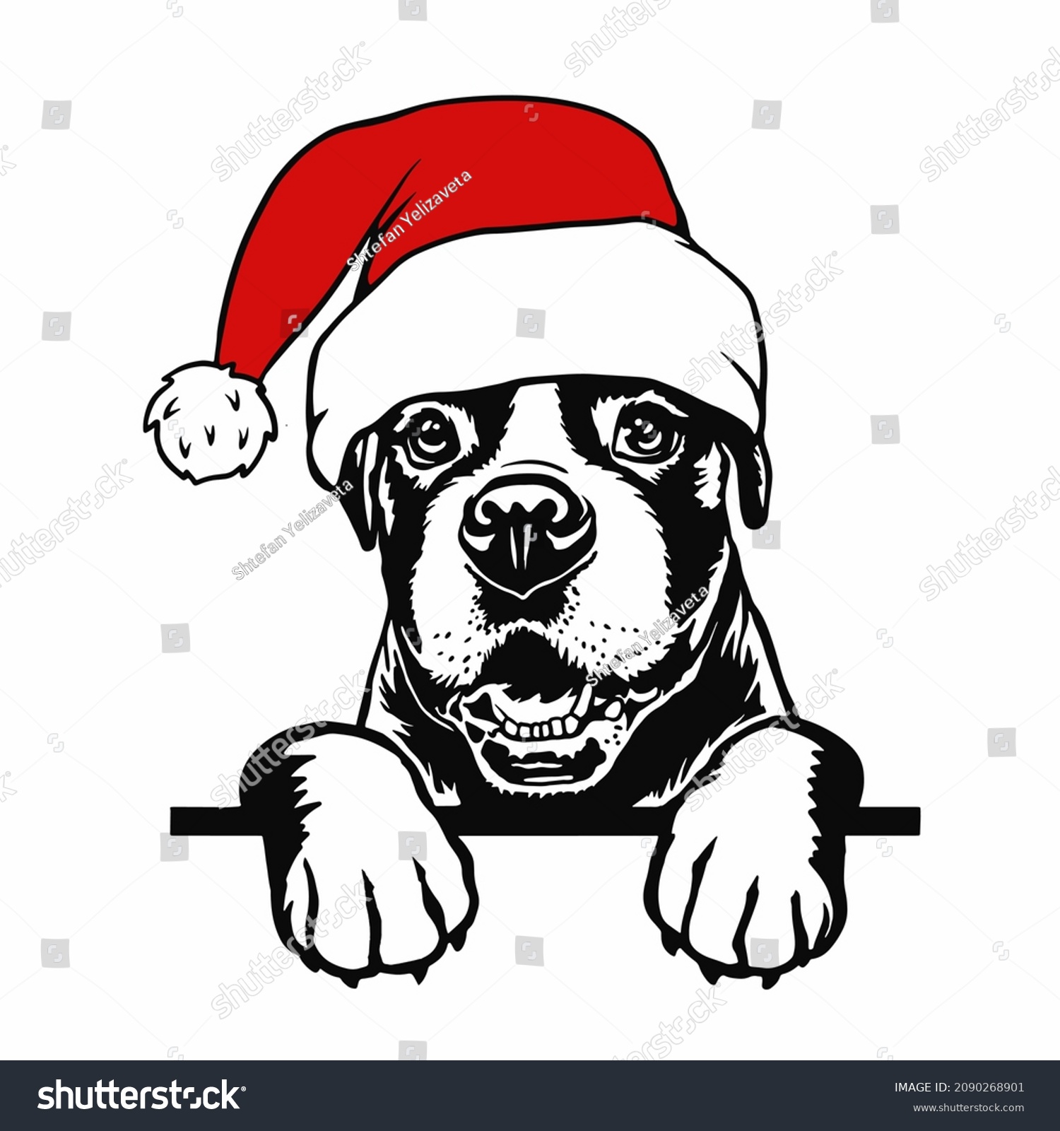 SVG of Boxer Peeking Dogs in santa hat. Boxer cute puppy dog breed. black and white clipart of a dogs head isolated on a white background. The dog stuck out its tongue. svg
