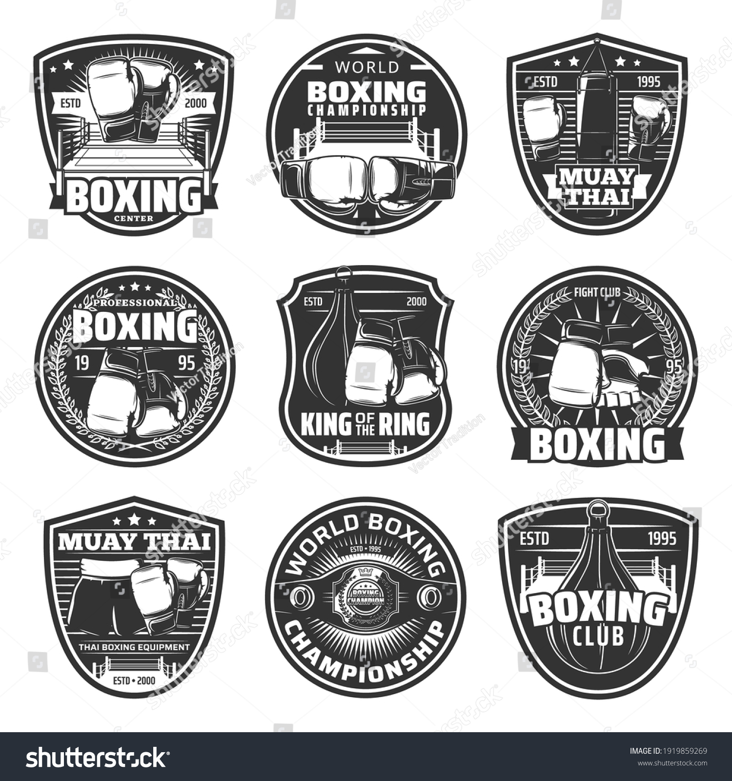 SVG of Boxing and muay thai single combats vector icons. Thailand kickboxing martial arts, fighting sport, muay thai boxers club or training center. Championship belt, boxing gloves, punching bag signs set svg