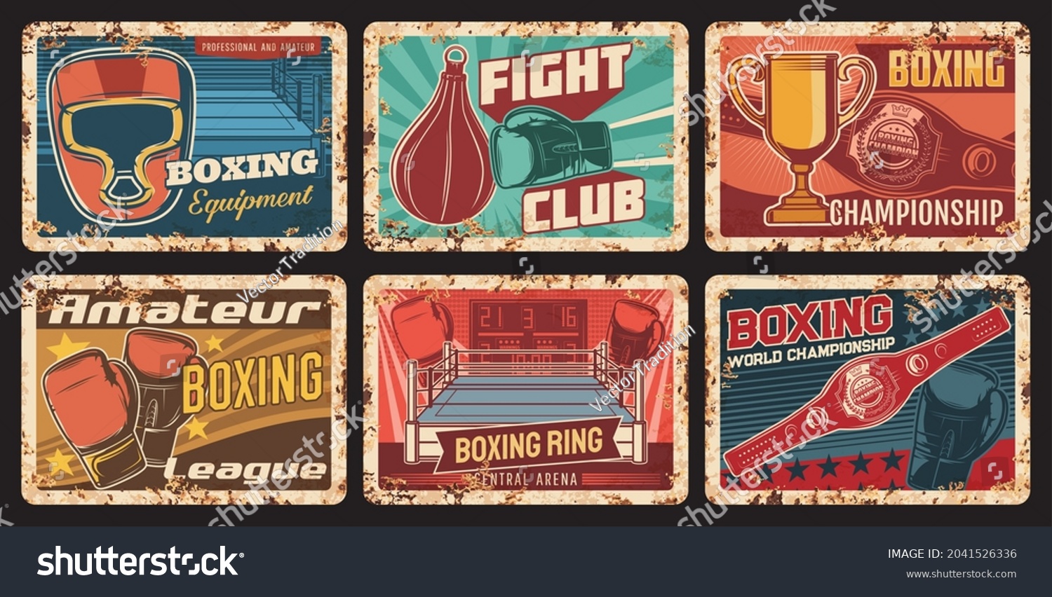 SVG of Boxing championship, sport equipment shop rusty metal plates. Boxing gloves and headgear, punching bag, champion cup and belt, ring vector. Fight club, amateur sport league retro banners svg