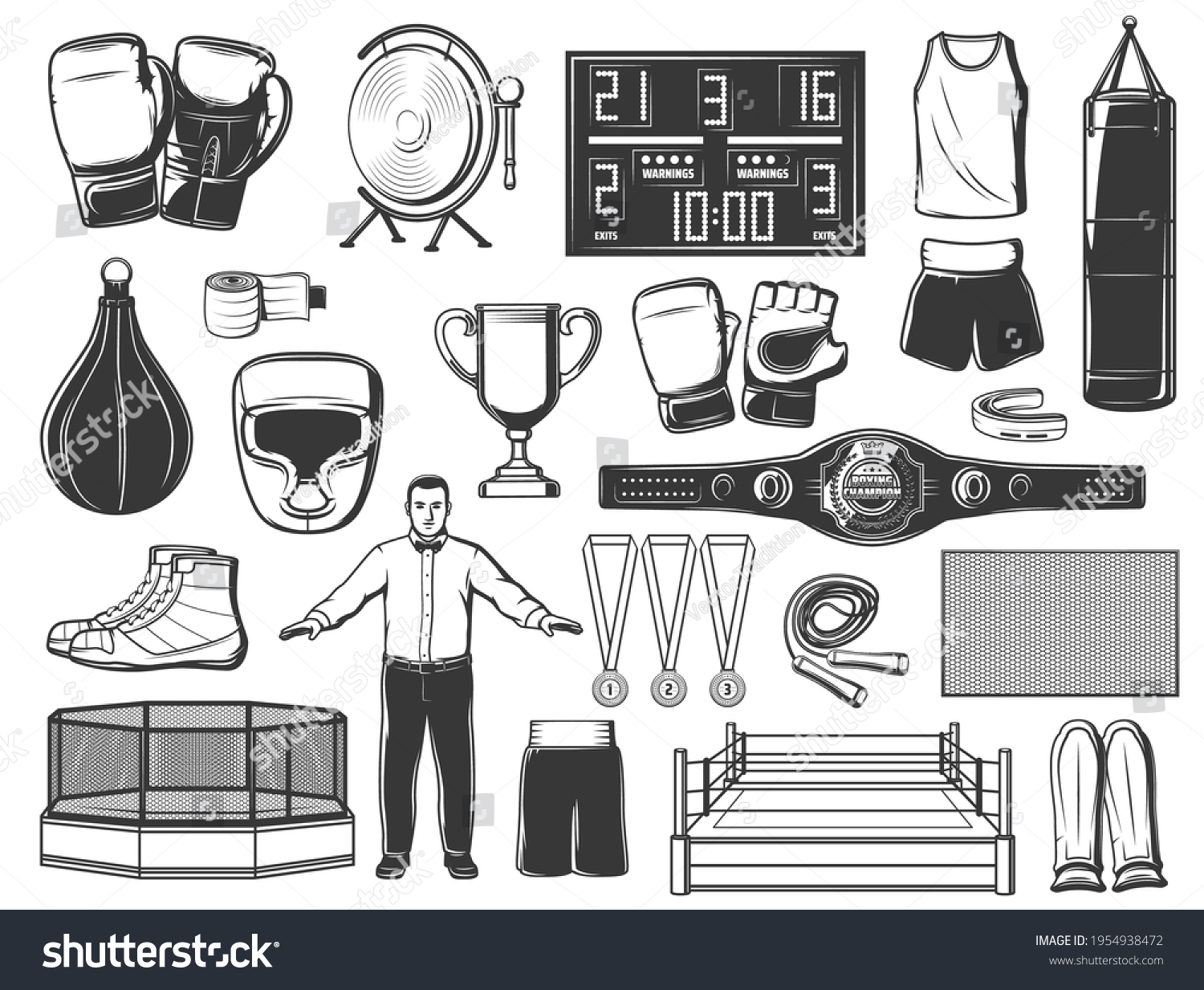 SVG of Boxing, mma and kickboxing sport vector icons. Boxer gloves, punching bags, rings and championship belt, helmet and shorts, jersey and shoes, mouth guard, wrist wrap, trophy cup and score board svg