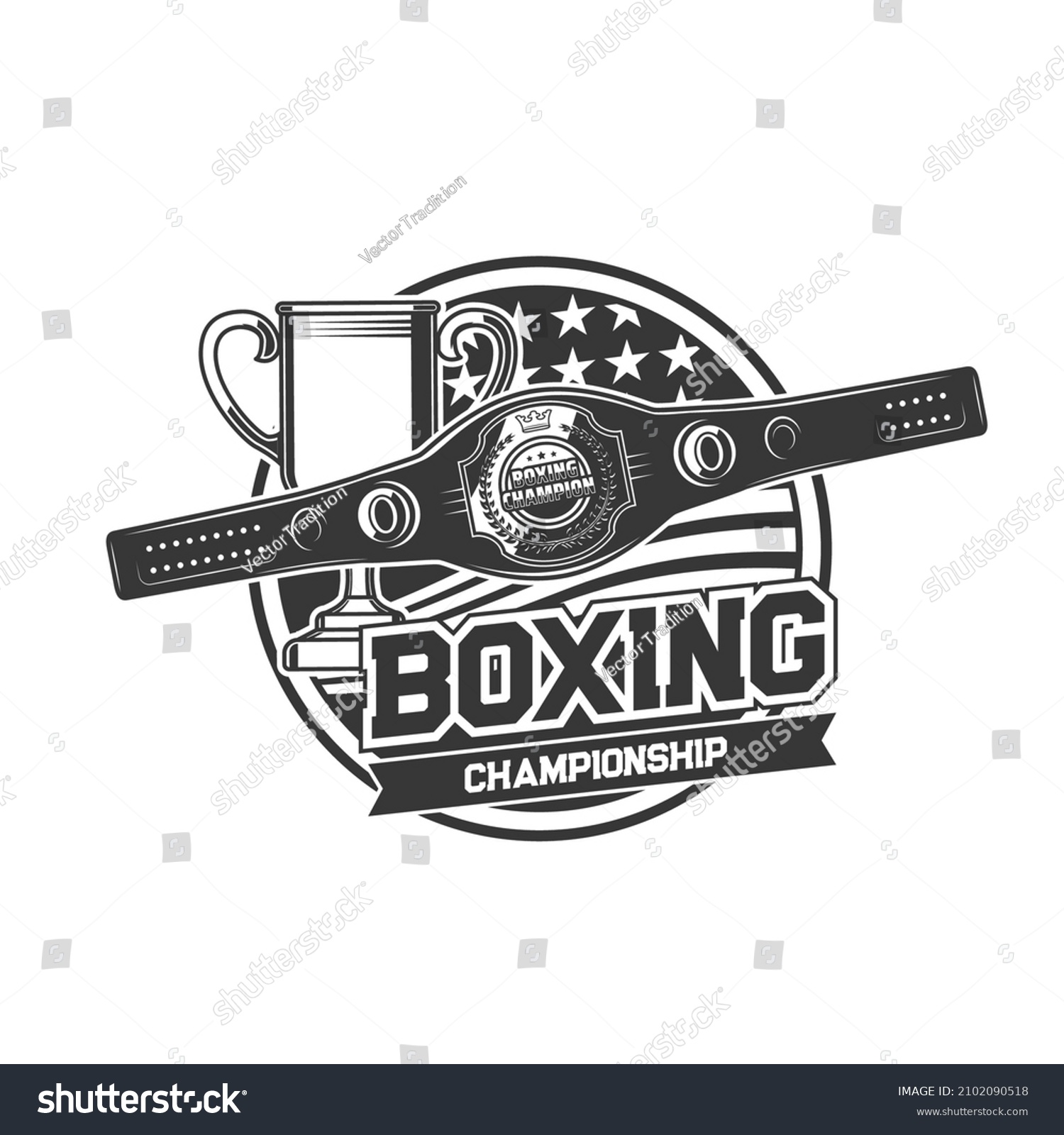 SVG of Boxing sport icon with champion belt. Boxing championship or tournament, martial arts competition monochrome vector emblem, label or icon with American flag, contest winners prizes svg