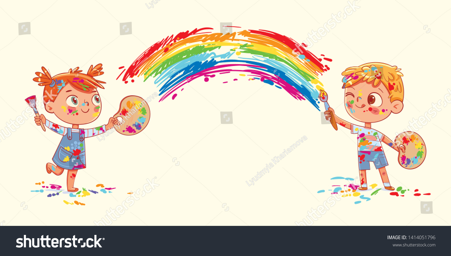 Boy Girl Draw Rainbow Together Funny Stock Vector Royalty Free