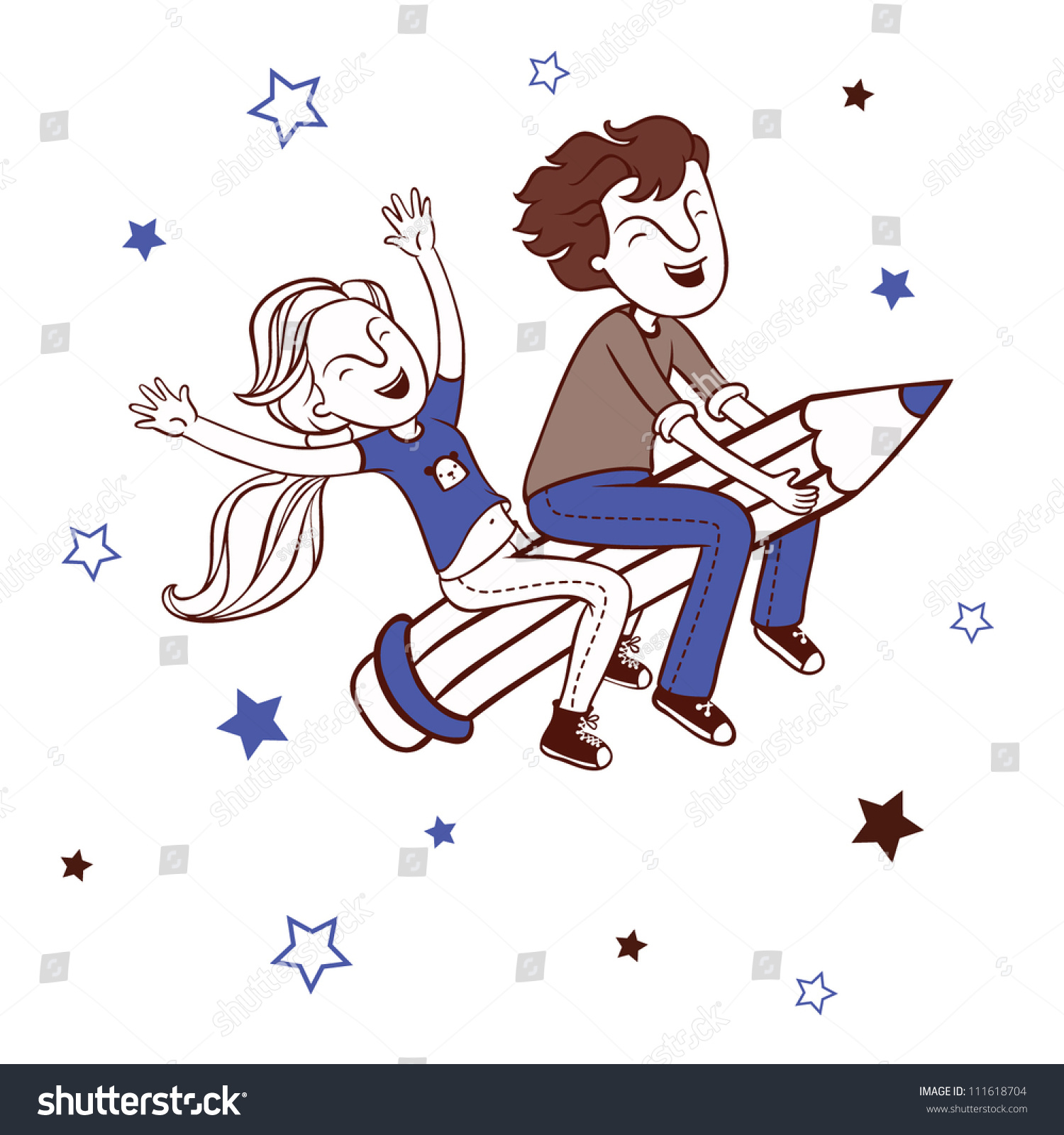 Boy Girl Flying On Pencil Background Stock Vector Royalty Free