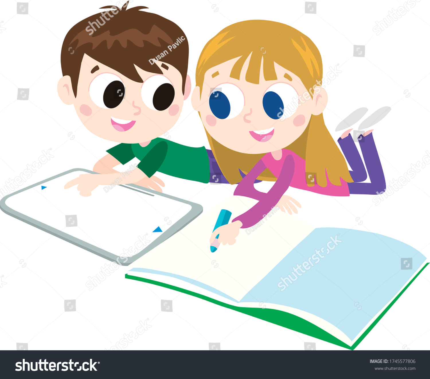 Boy Girl Enjoy Learning Tab Book Stock Vector (Royalty Free) 1745577806