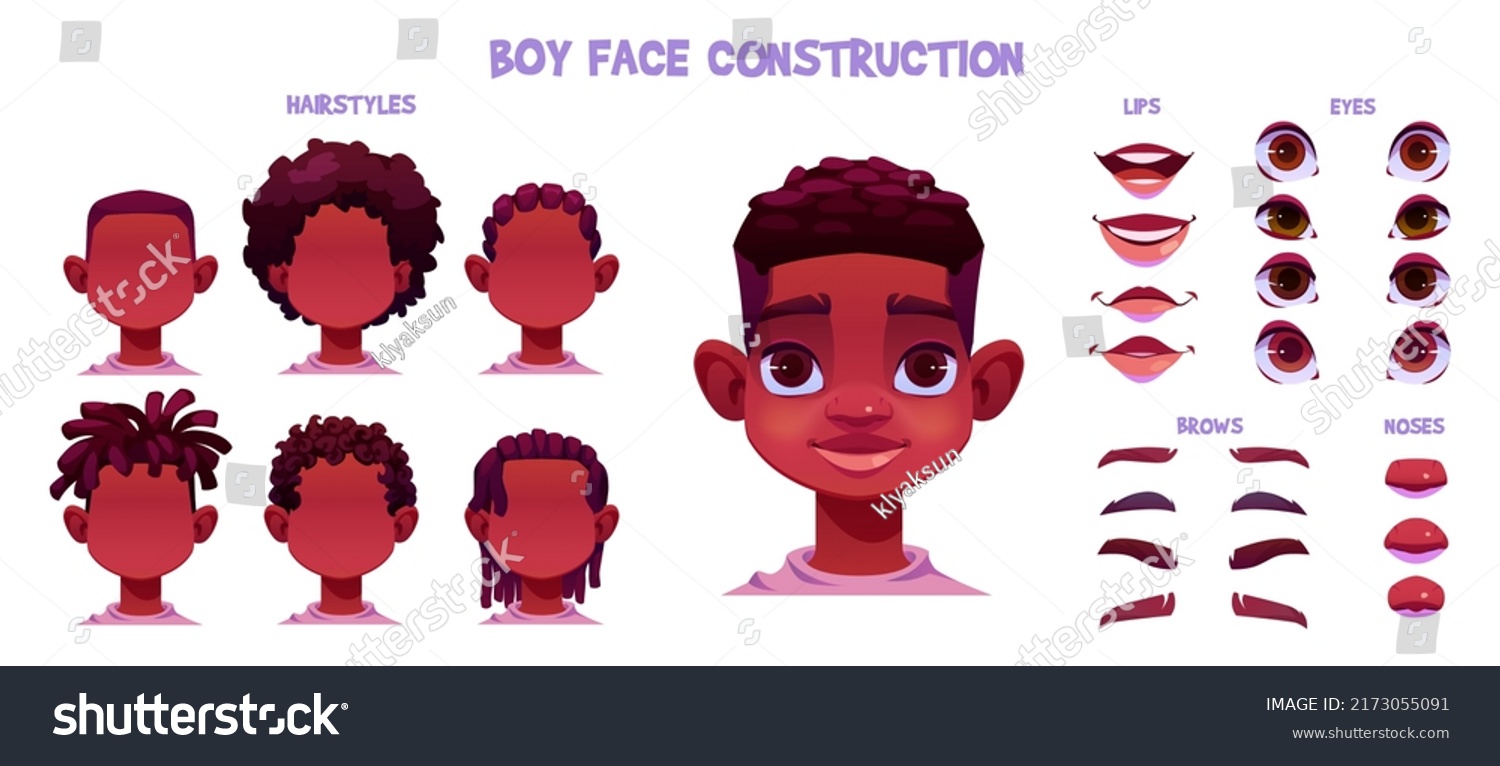 SVG of Boy face construction, child african creation with head parts isolated on white background. Vector cartoon set of black skin kid face generator with eyes, noses, hairstyles, brows and lips svg