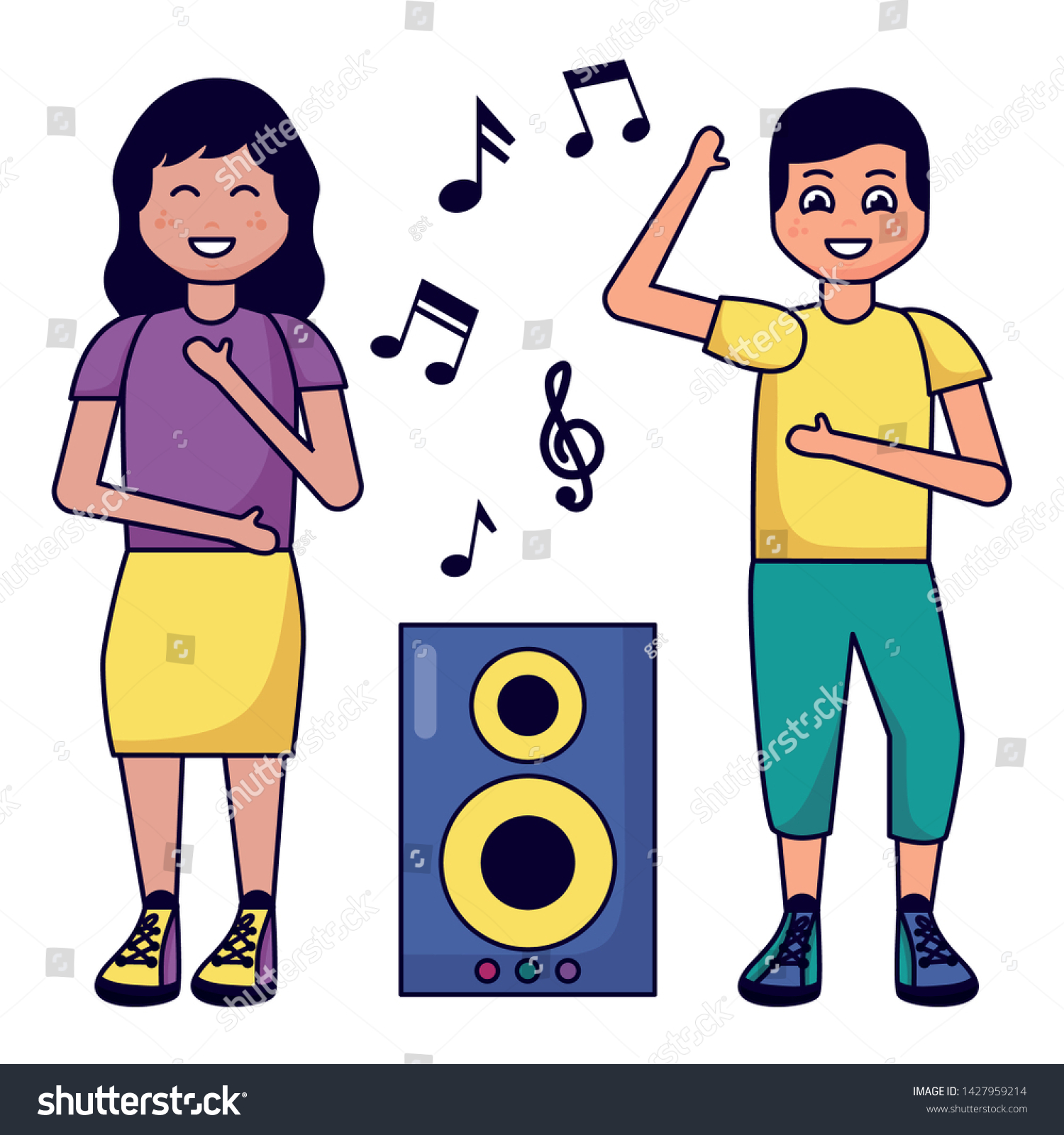 Boy Girl Dancing Listening Music Speaker Stock Vector Royalty Free