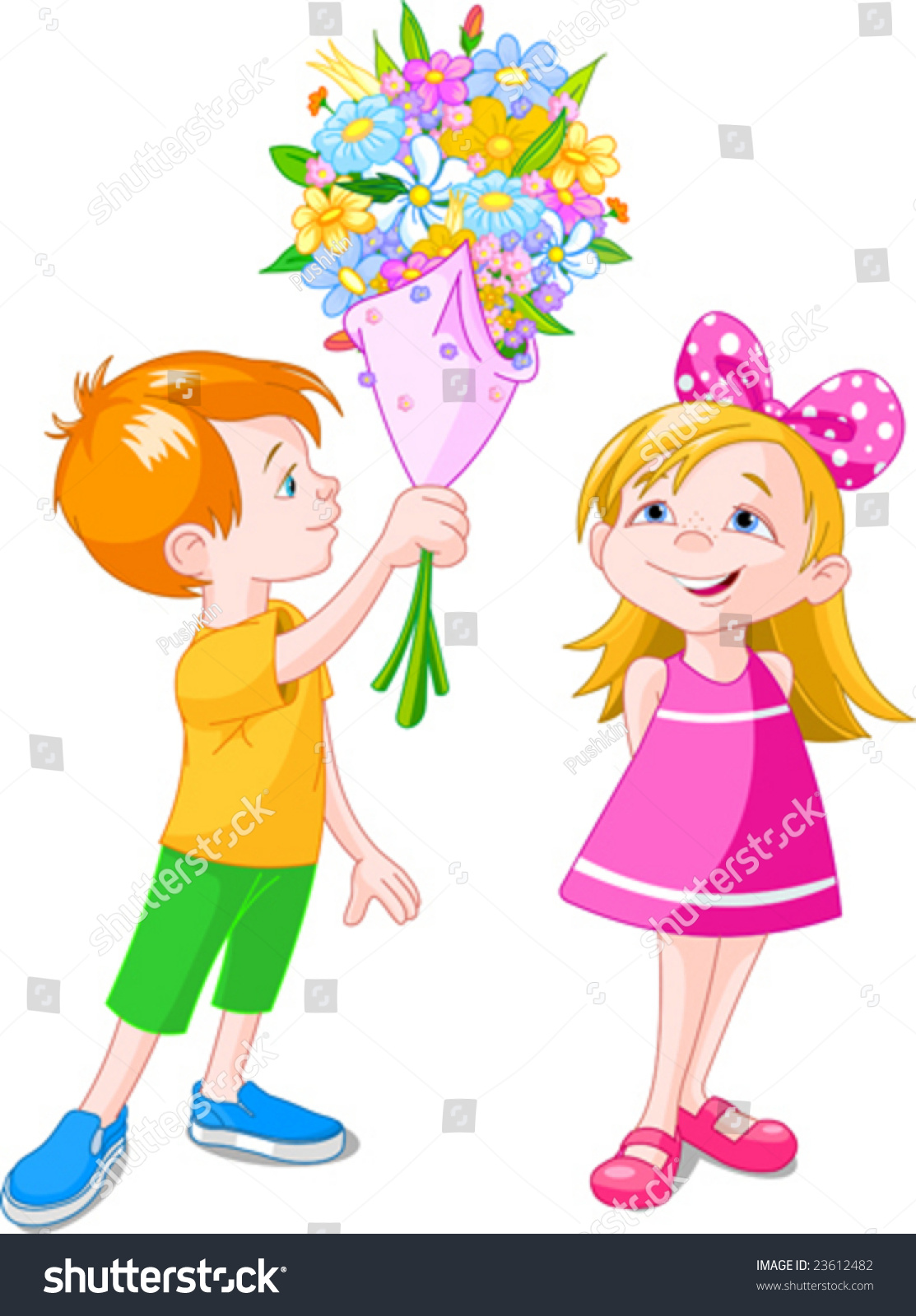 Boy Giving A Bouquet To Girl. Vector Illustration - 23612482 : Shutterstock