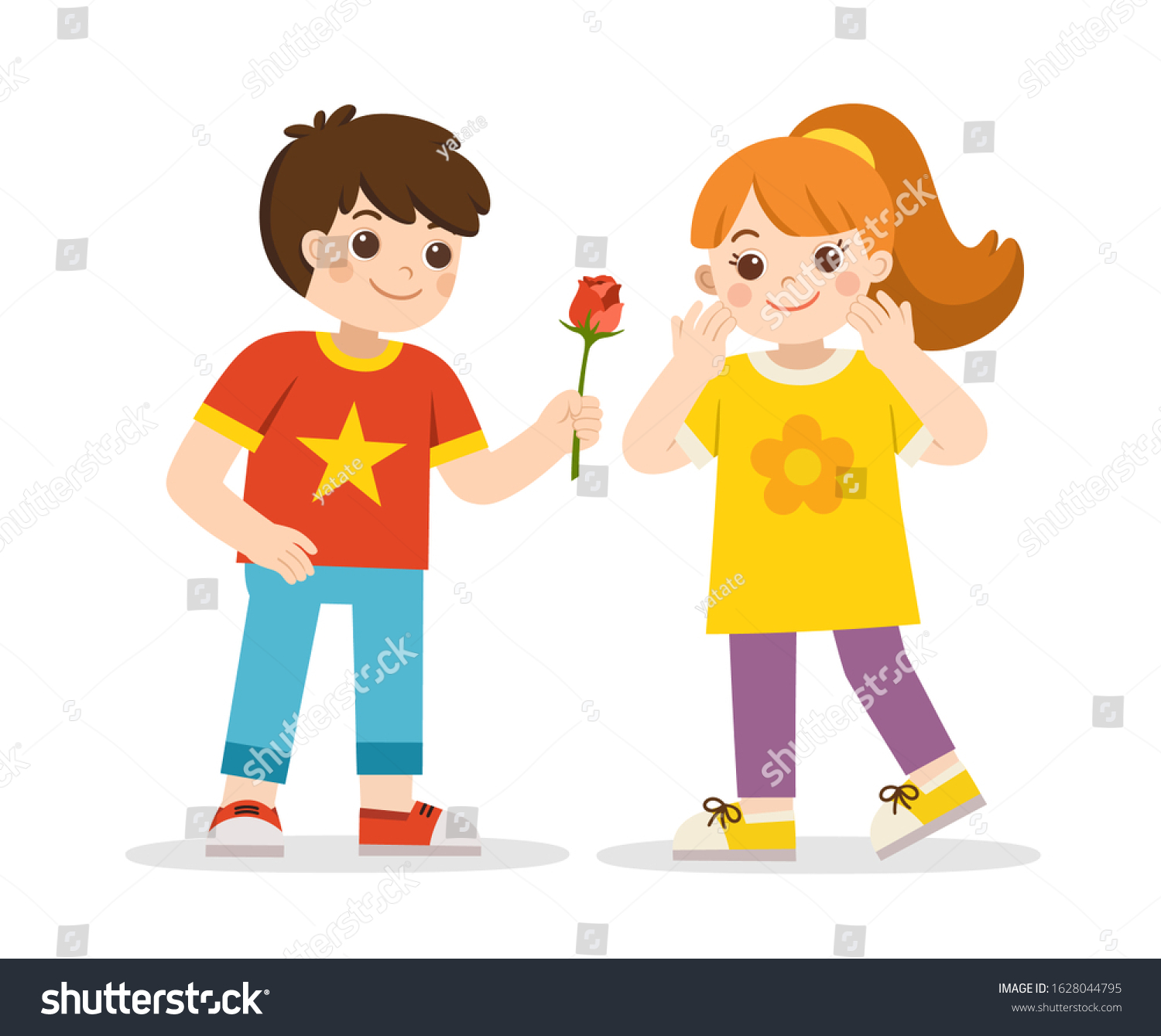 SVG of Boy giving a rose to a girl. Little boy in love giving cute girl. Couple propose with flower. Couple on romantic date. svg