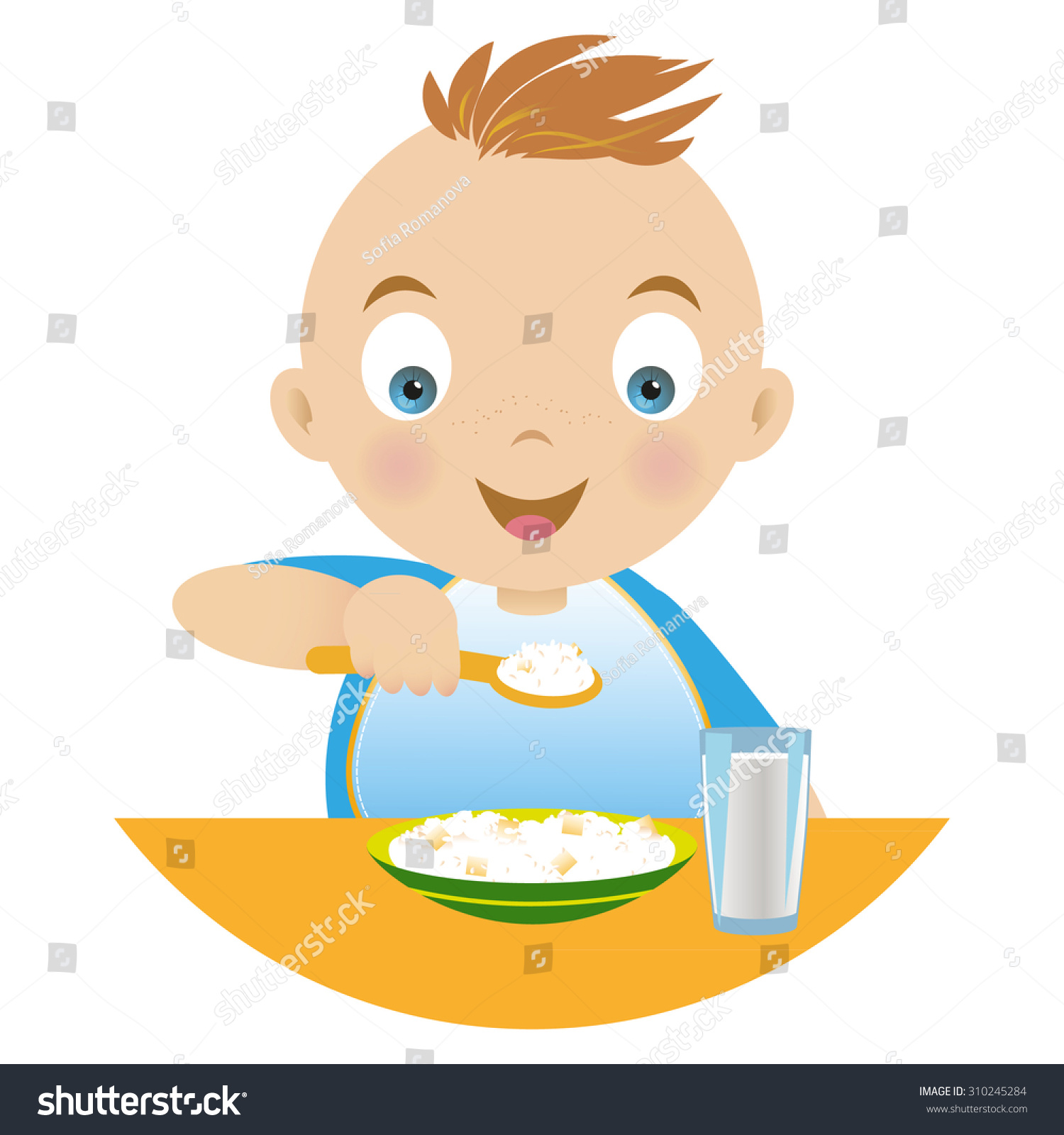 Boy Having Breakfast Holding Spoonful Porridge Stock Vector 310245284 