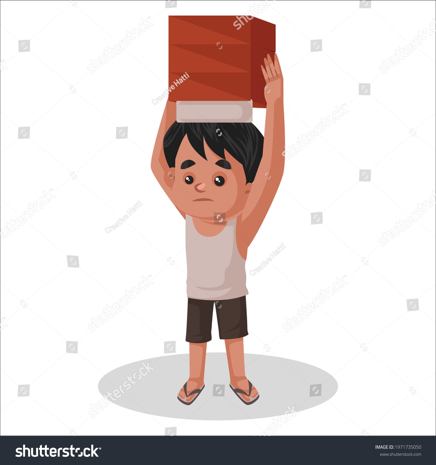 SVG of Boy is holding bricks on his head. Vector graphic illustration. Individually on a white background. svg