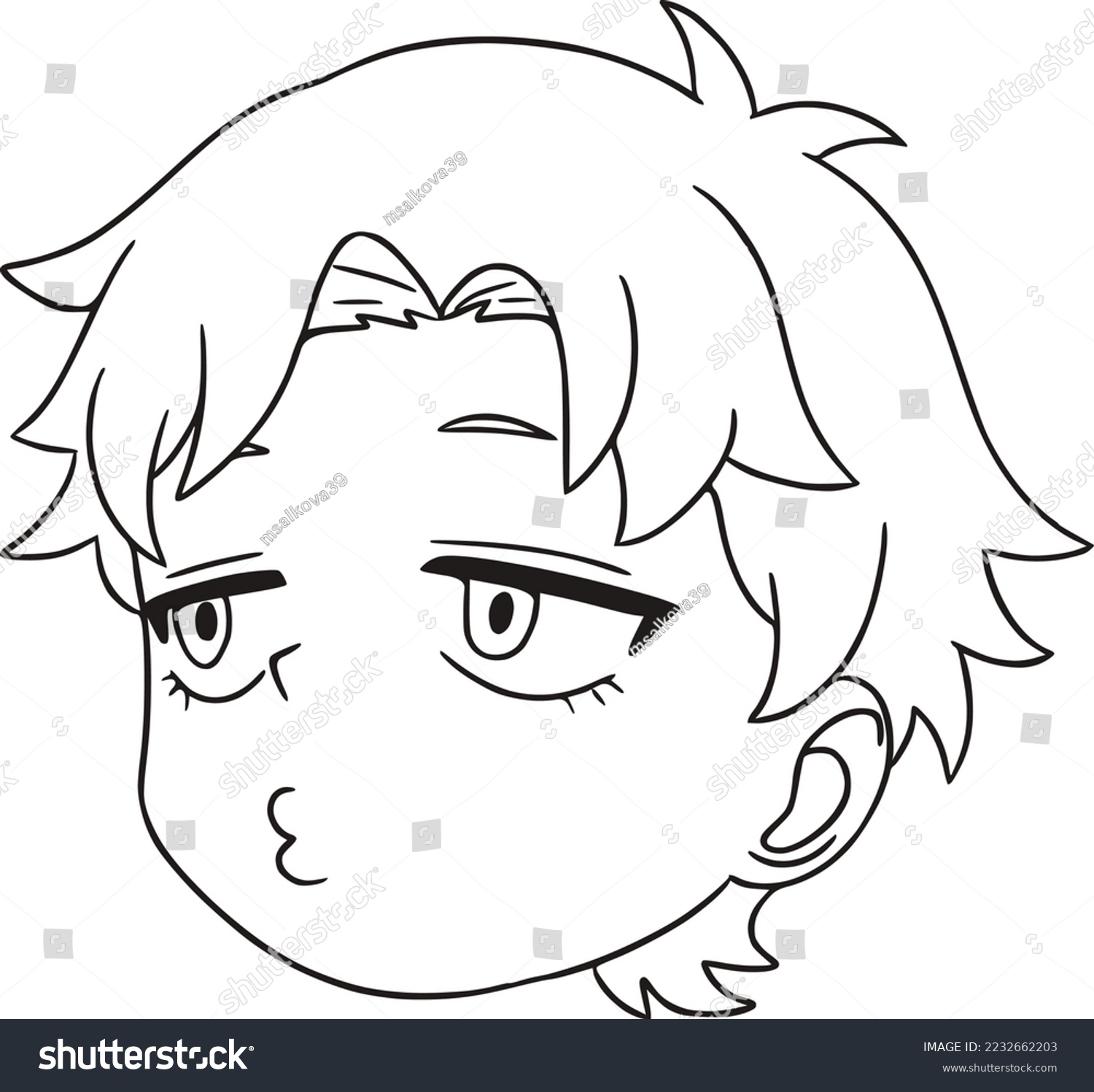 SVG of Boy looks to the left, embarrassed, white background, doodle, coloring book, head only svg