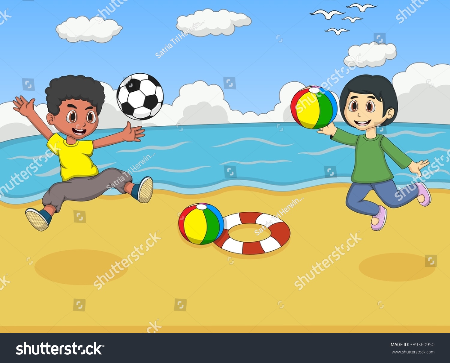 Boy Play Football Volleyball Beach Cartoon Stock Vector 389360950 ...