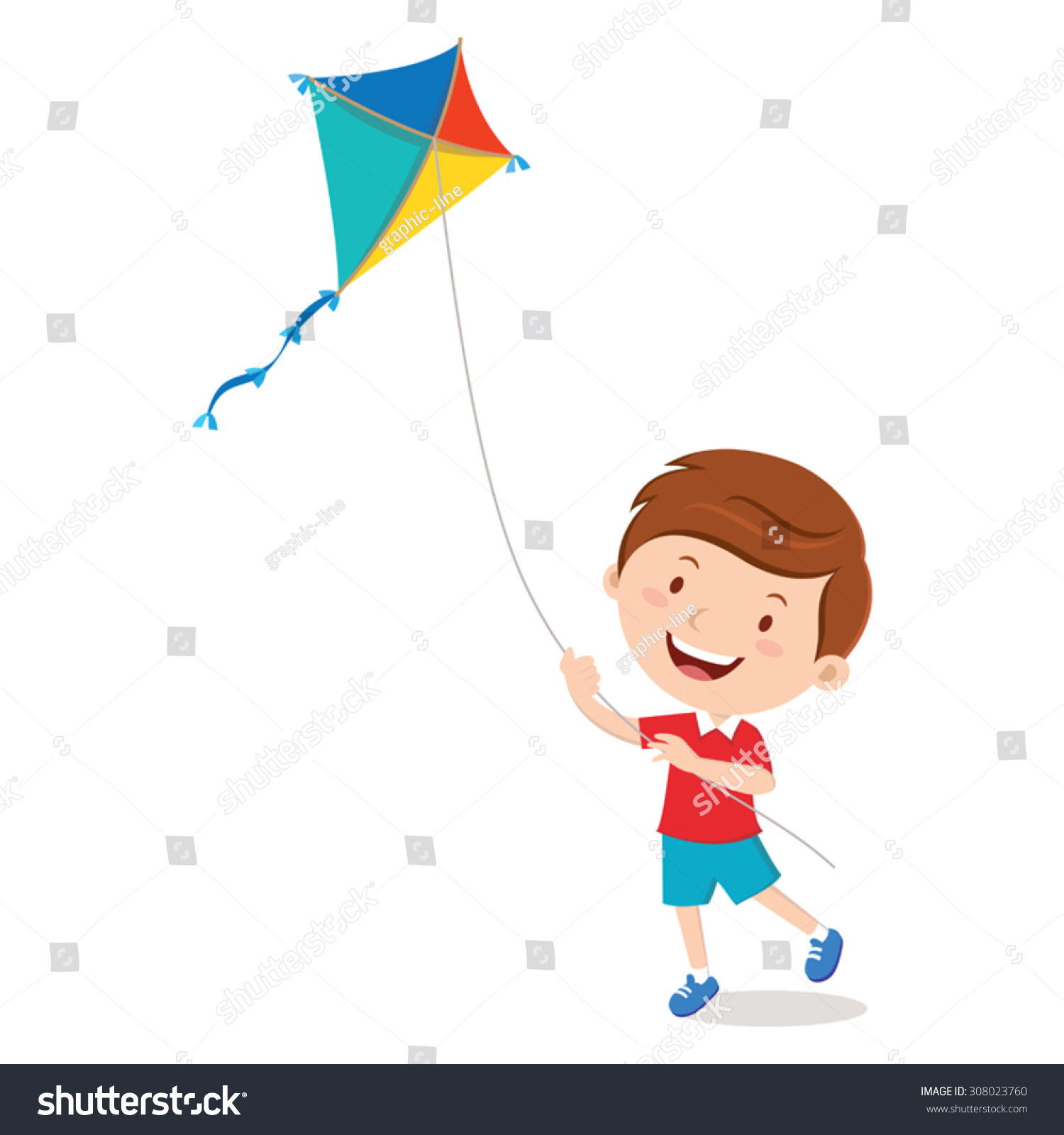 SVG of Boy playing kite. Vector illustration of a cheerful boy flying kite. svg