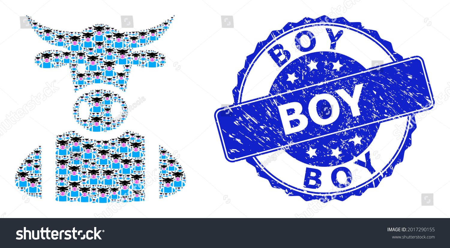 SVG of Boy rubber round seal and vector recursive mosaic cow boy. Blue stamp seal has Boy text inside round shape. Vector mosaic is formed from scattered cow boy icons. svg