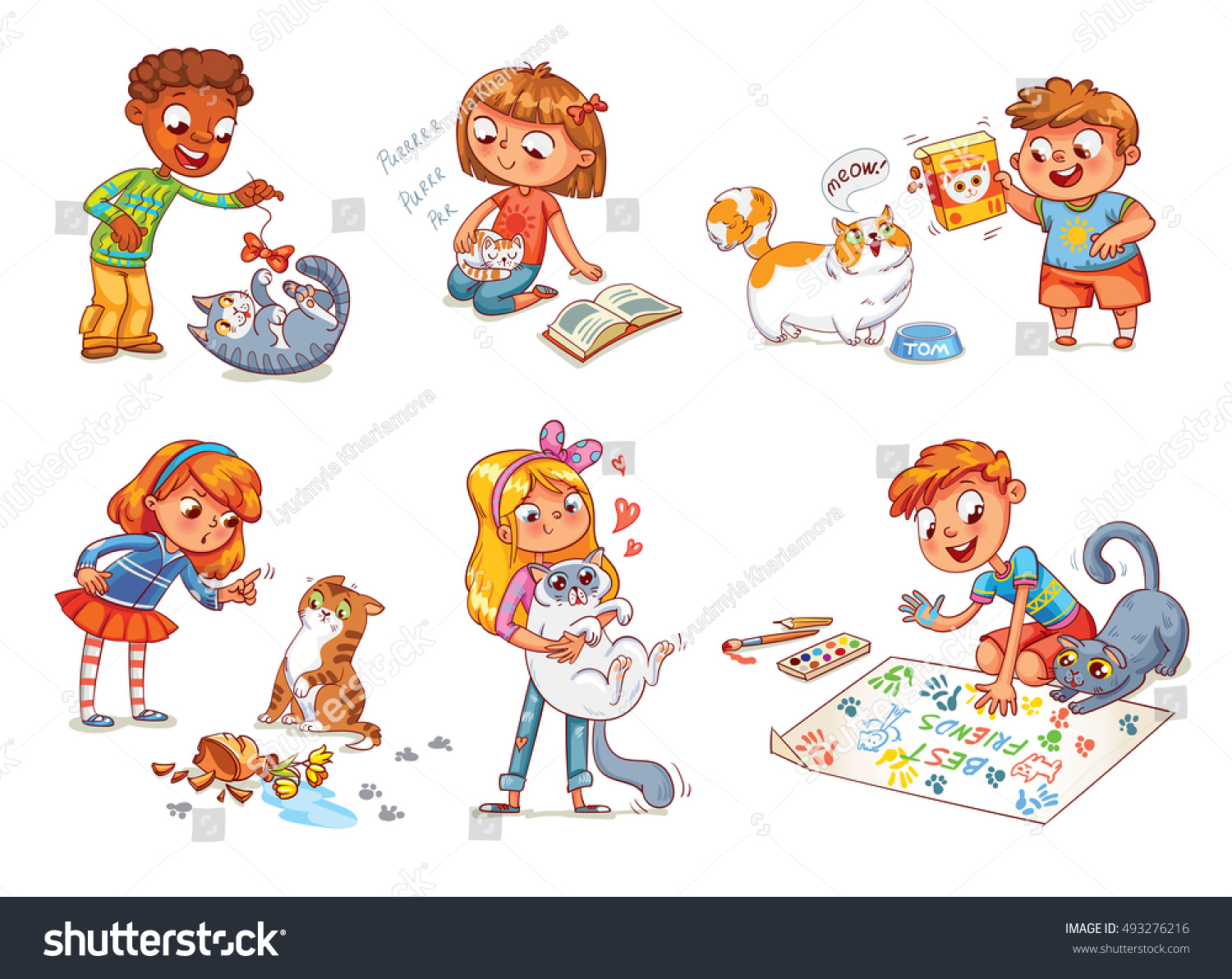 SVG of Boy teasing cat. Little kitten fell asleep in lap of owner. Fat cat begging for feed. Girl scolding pet for disobedience and broken things. Boy and cat together paint picture. Funny cartoon character svg