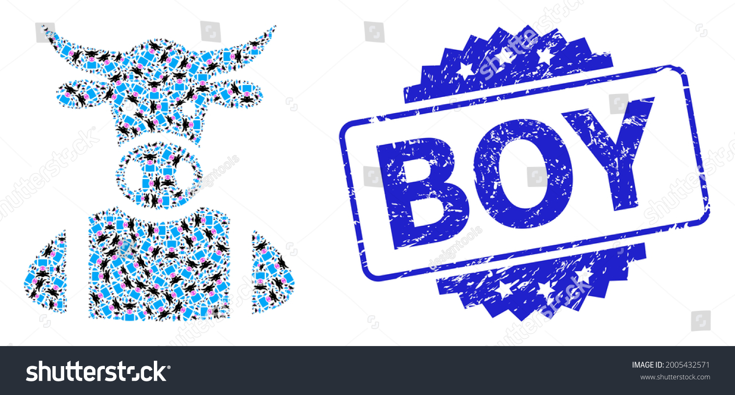 SVG of Boy textured stamp seal and vector recursive mosaic cow boy. Blue stamp seal has Boy tag inside rosette. Vector collage is designed from recursive rotated cow boy items. svg