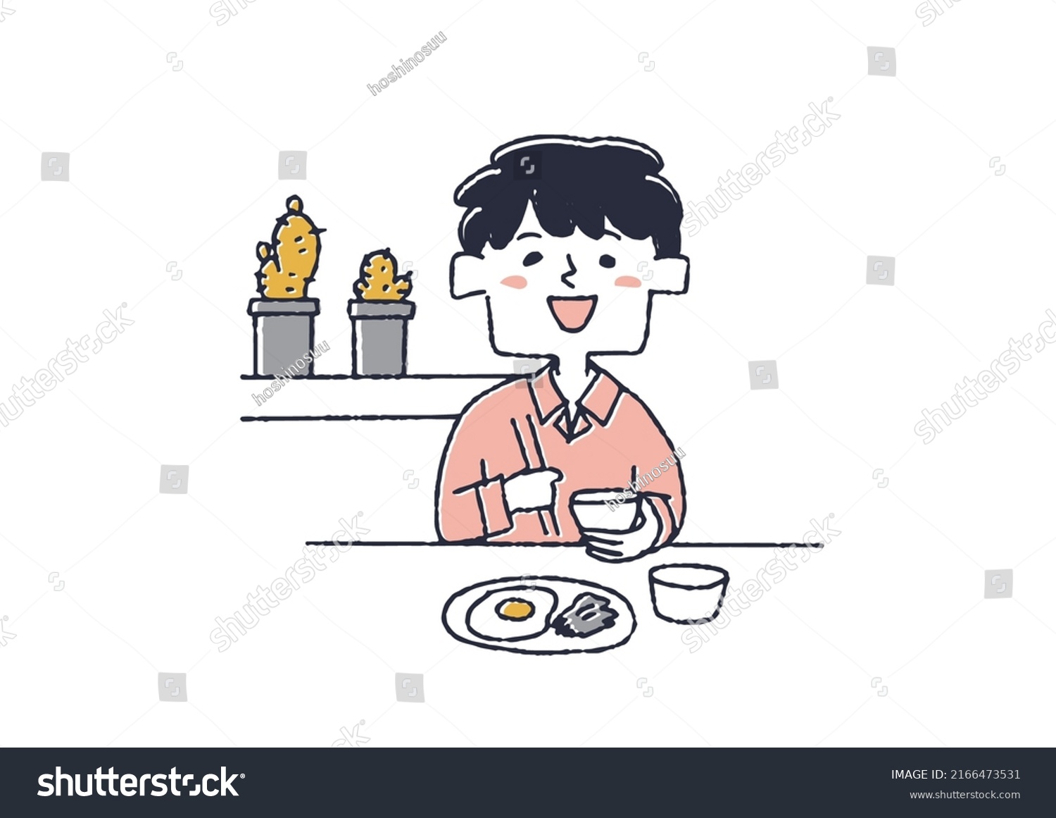 SVG of Boy who eats breakfast well Children's daily habits Comical handwritten person Vector, warm line drawing svg