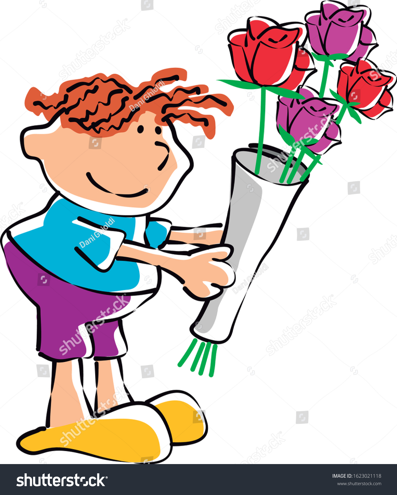 Boy Bouquet Flowers His Hand Conceptual Stock Vector Royalty Free