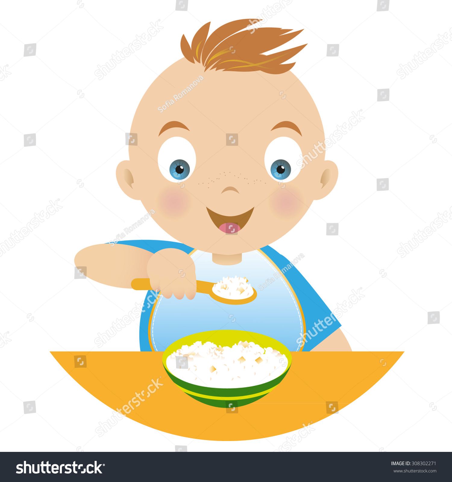 Boy With A Bowl Of Porridge And Holding A Spoonful Of Porridge. Vector ...