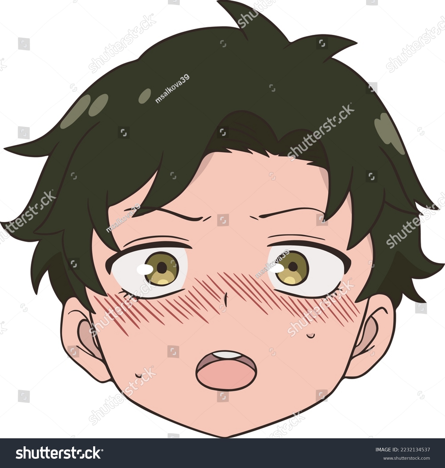 SVG of Boy with green hair and golden eyes, he looks straight ahead, embarrassed, red blush on his cheeks svg