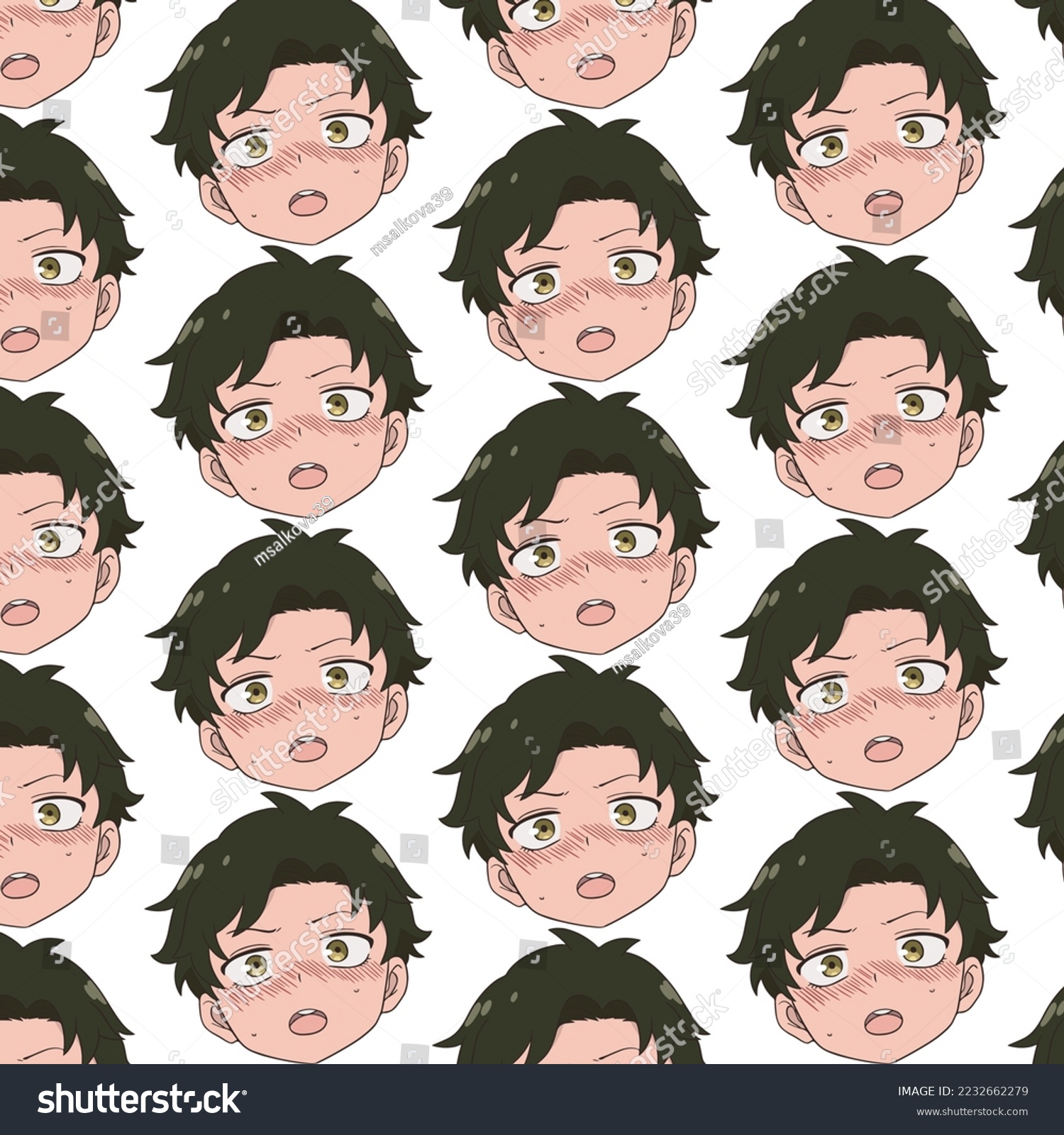 SVG of Boy with green hair and golden eyes, he looks straight ahead, embarrassed, red blush on his cheeks, pattern svg