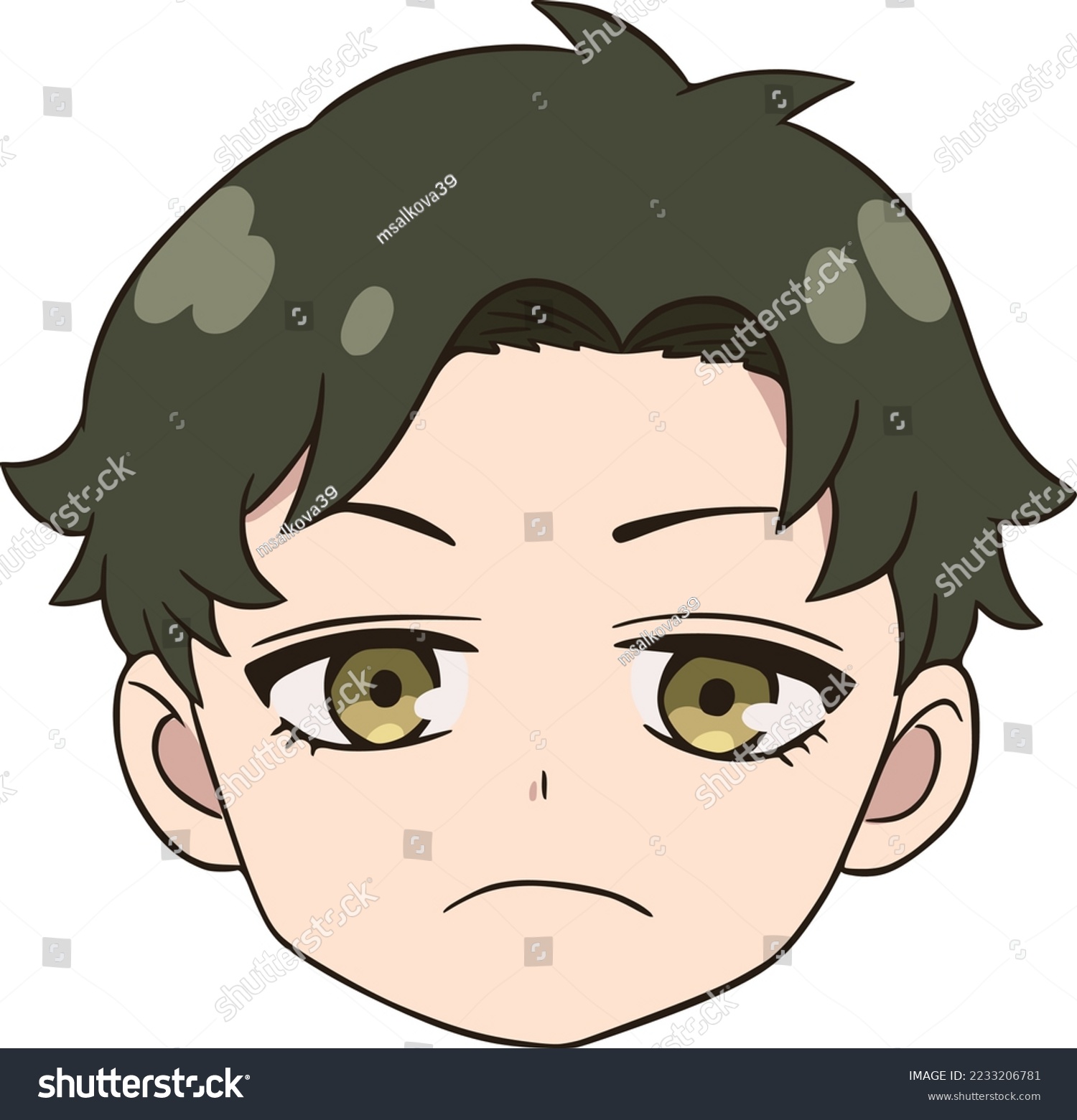 SVG of Boy with green hair and golden eyes, he looks straight ahead, frustrated, head only svg