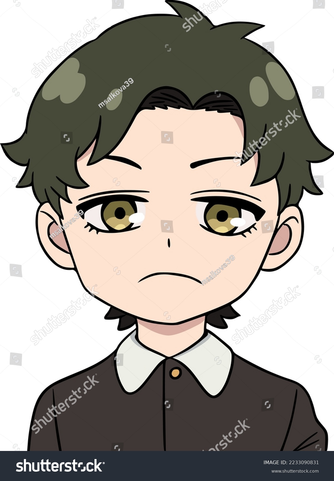 SVG of Boy with green hair and golden eyes, he looks straight ahead, frustrated, school black uniform with a white shirt svg