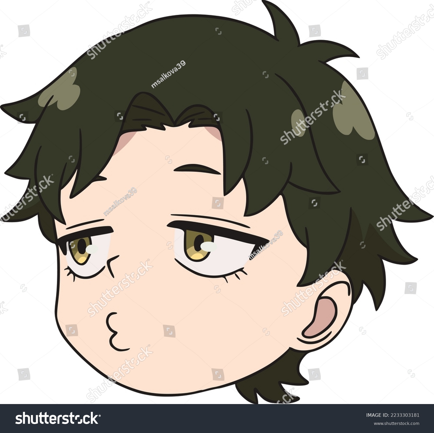 SVG of Boy with green hair and golden eyes, he looks to the left, embarrassed, head only, doodle, coloring book svg