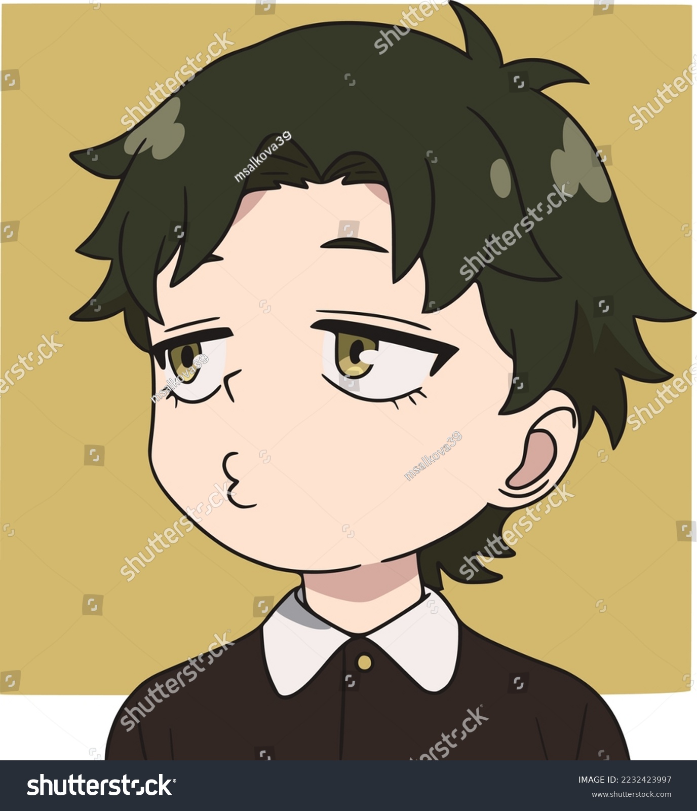 SVG of Boy with green hair and golden eyes, looks to the left, embarrassed, yellow background svg