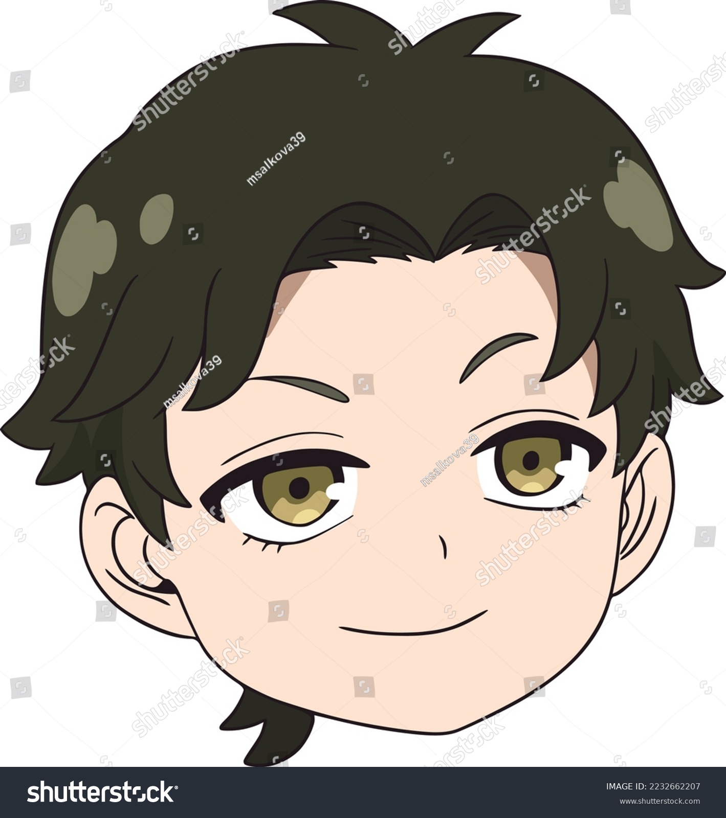 SVG of Boy with green hair and golden eyes, looks to the right, smiles, white background, head only svg