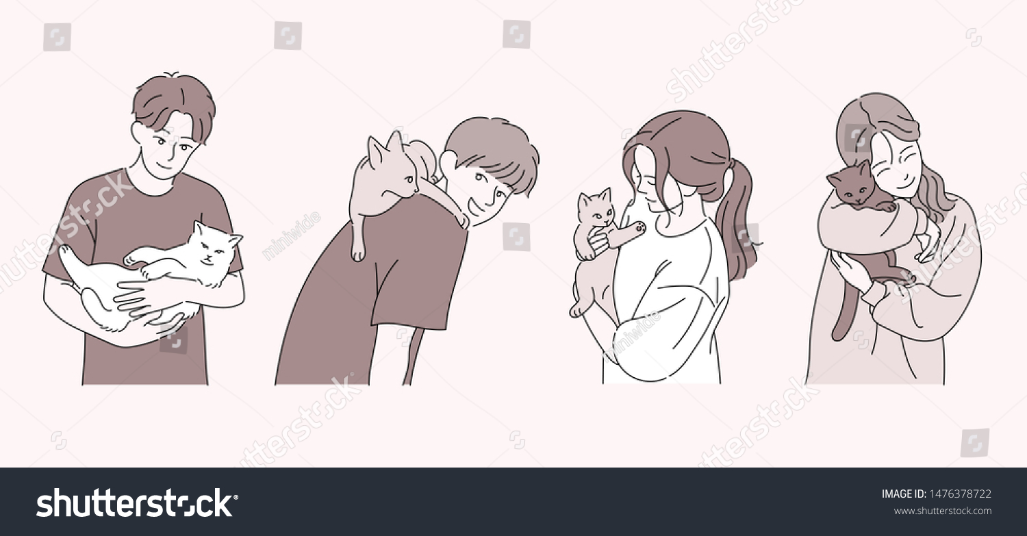 男の子も女の子も可愛い猫を抱いてる 手描きのスタイルのベクター画像デザインイラスト のベクター画像素材 ロイヤリティフリー