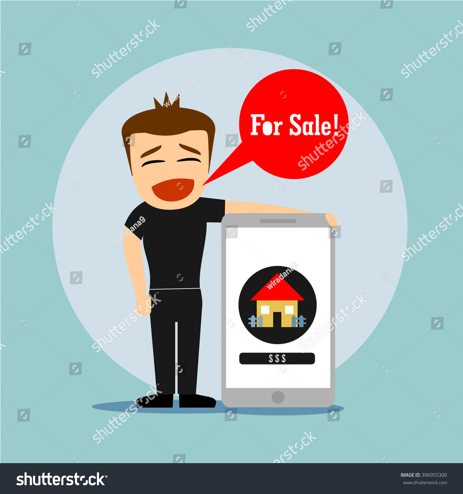 Boys cartoon character and big smart phone with icon house for sale