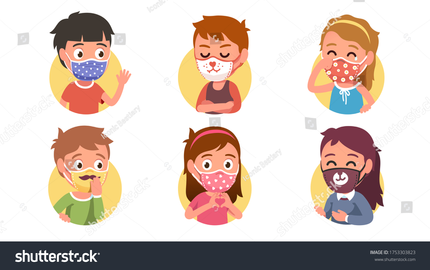 Boys Girls Kids Wearing Cute Masks Stock Vector (royalty Free) 1753303823