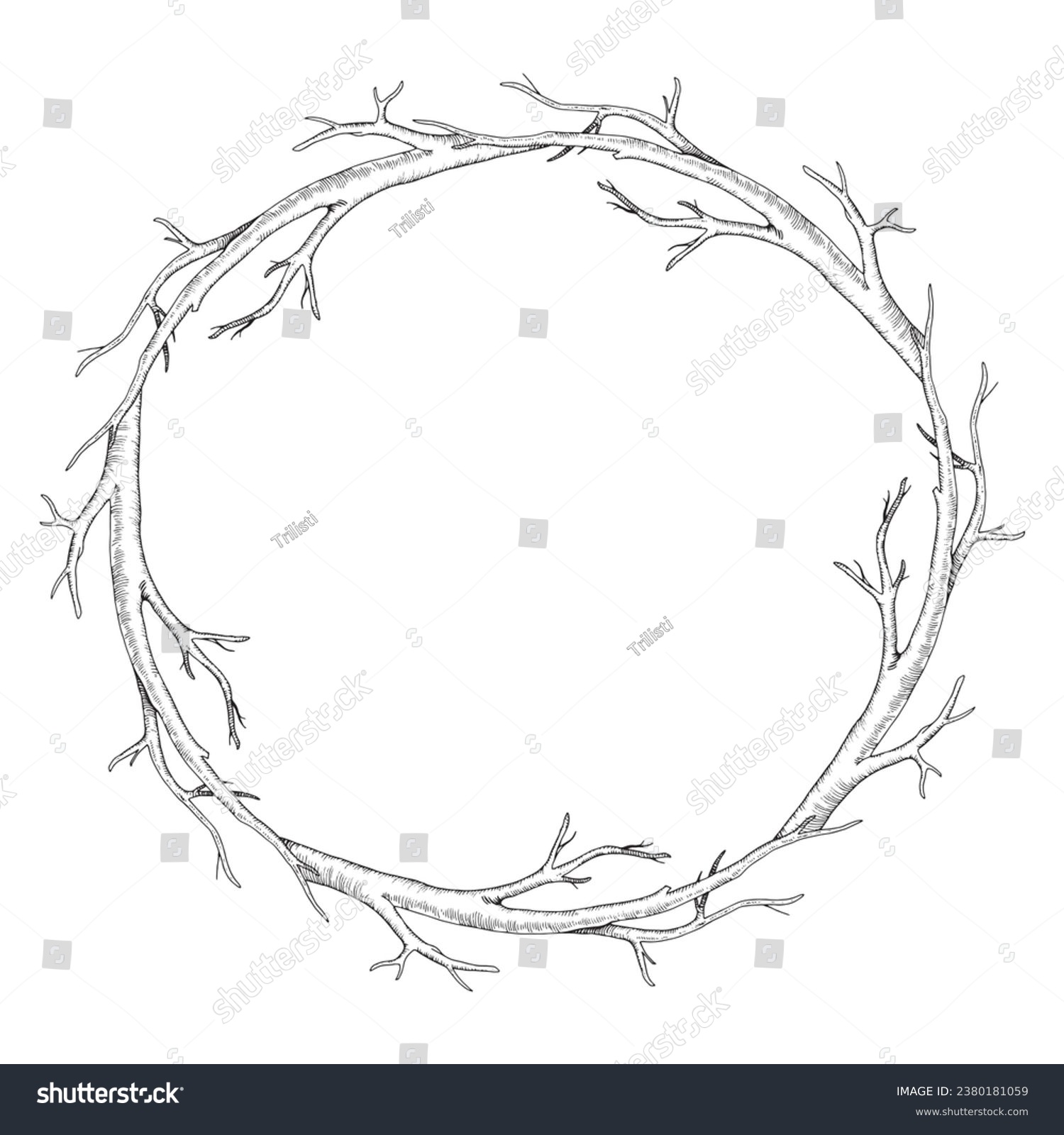SVG of Branch tree wreath. Vector illustration of dry leaf less twig. Hand drawn graphic clipart on isolated background. Linear drawing of round frame border. Outline sketch of stick. Black contour line art svg