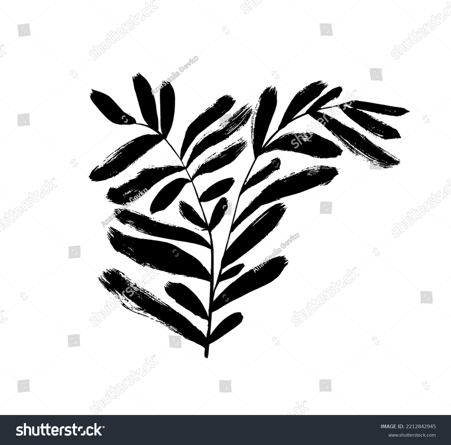 recommend clip art: Branch with long rounded leaves isolated on white background. Hand drawn black brush botanical silhouette. Long bold olive or eucalyptus leaves on twig. Vector illustration of simple tropical plant.