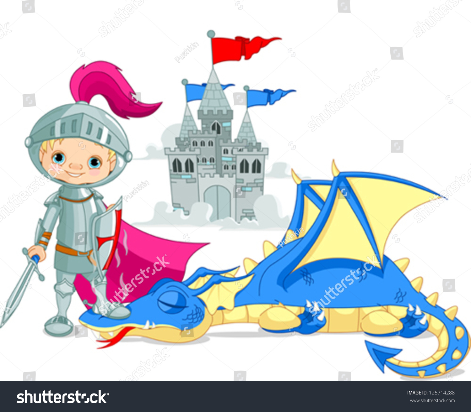 Brave Knight Defeated Dragon เวกเตอร์สต็อก ปลอดค่าลิขสิทธิ์ 125714288