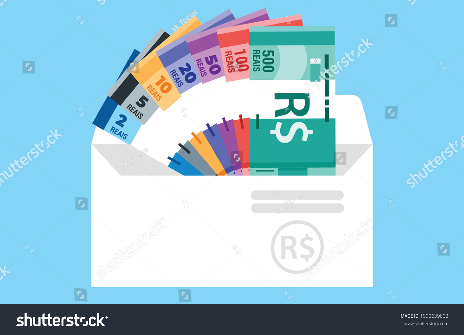 SVG of Brazilian Real Banknotes in various value money in envelope  vector icon logo and design. Salary, royalty, revenue, payment and finance element. Can be used for web, mobile, infographic and print. svg