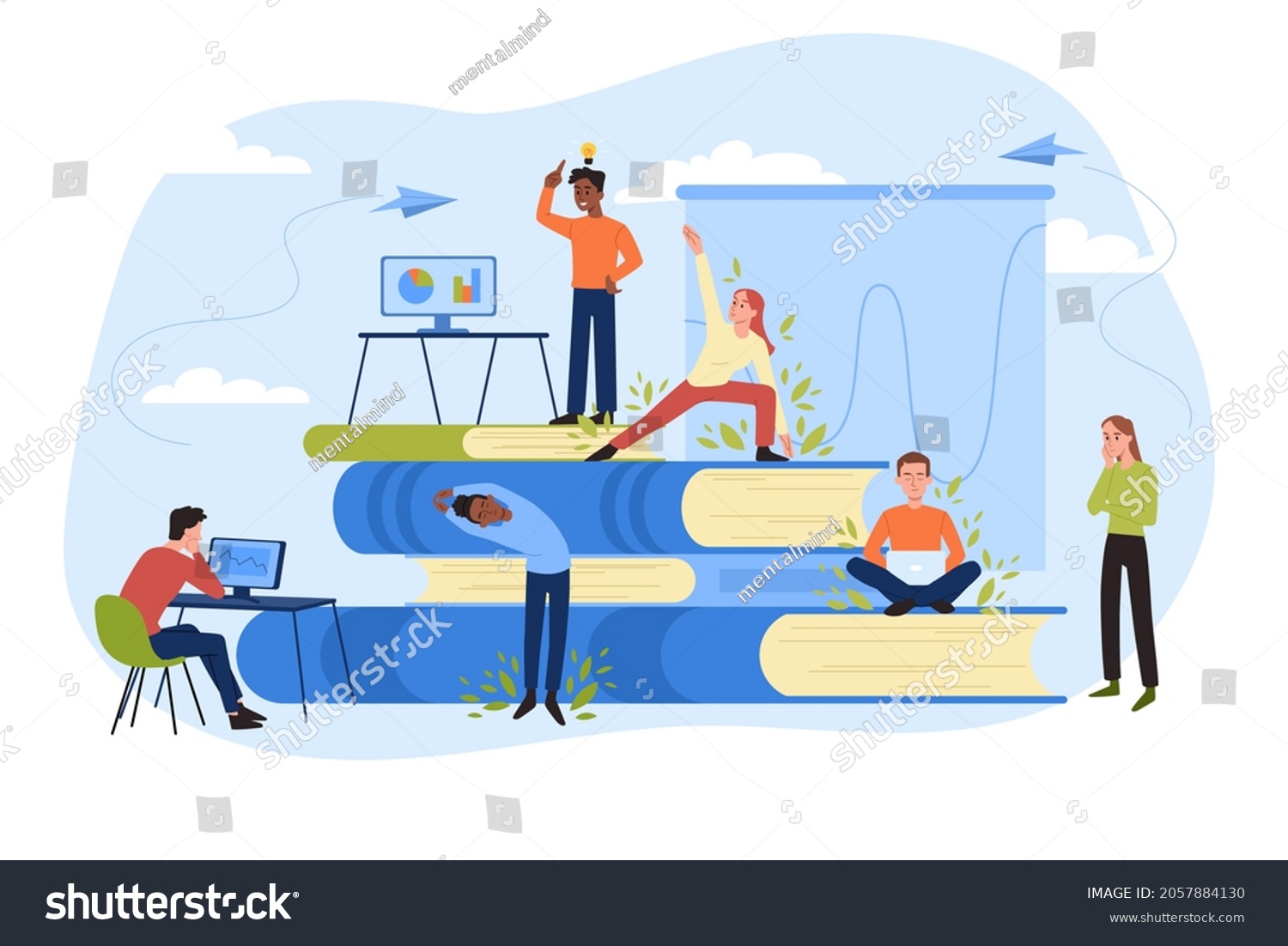 SVG of Break at work concept. Employees sit on books, meditate, do yoga and think about project. Taking care of mental and physical health. Cartoon flat vector illustration isolated on white background svg